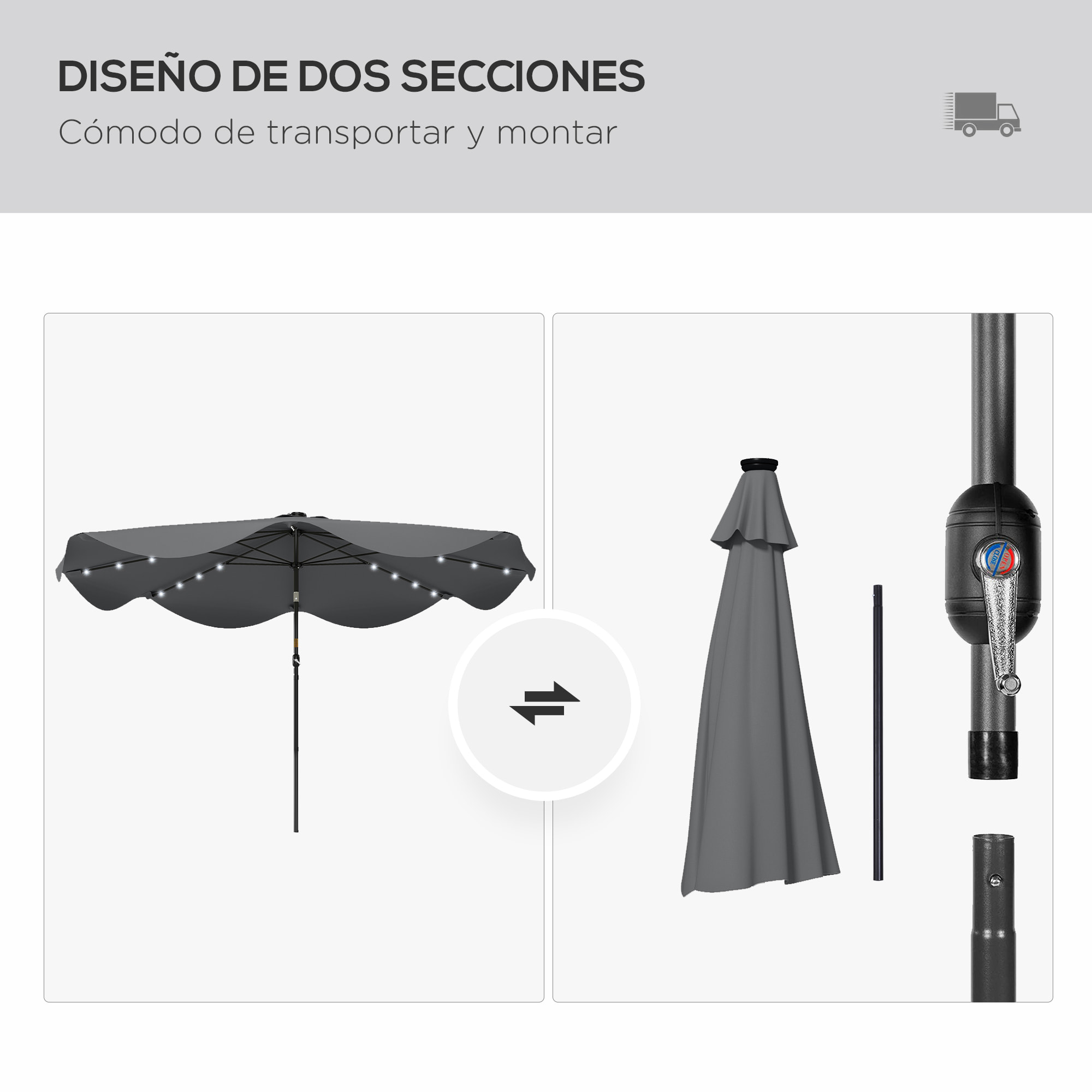 Sombrilla de Jardín Ø292x254 cm Parasol de Terraza Manual con 32 Luces LED Solares 8 Varillas Ángulo Ajustable Impermeable y Rejillas de Ventilación para Patio Balcón Gris Oscuro