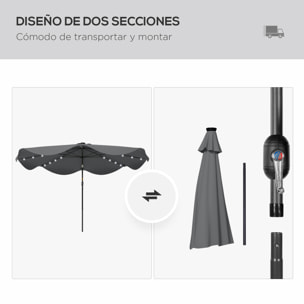 Sombrilla de Jardín Ø292x254 cm Parasol de Terraza Manual con 32 Luces LED Solares 8 Varillas Ángulo Ajustable Impermeable y Rejillas de Ventilación para Patio Balcón Gris Oscuro