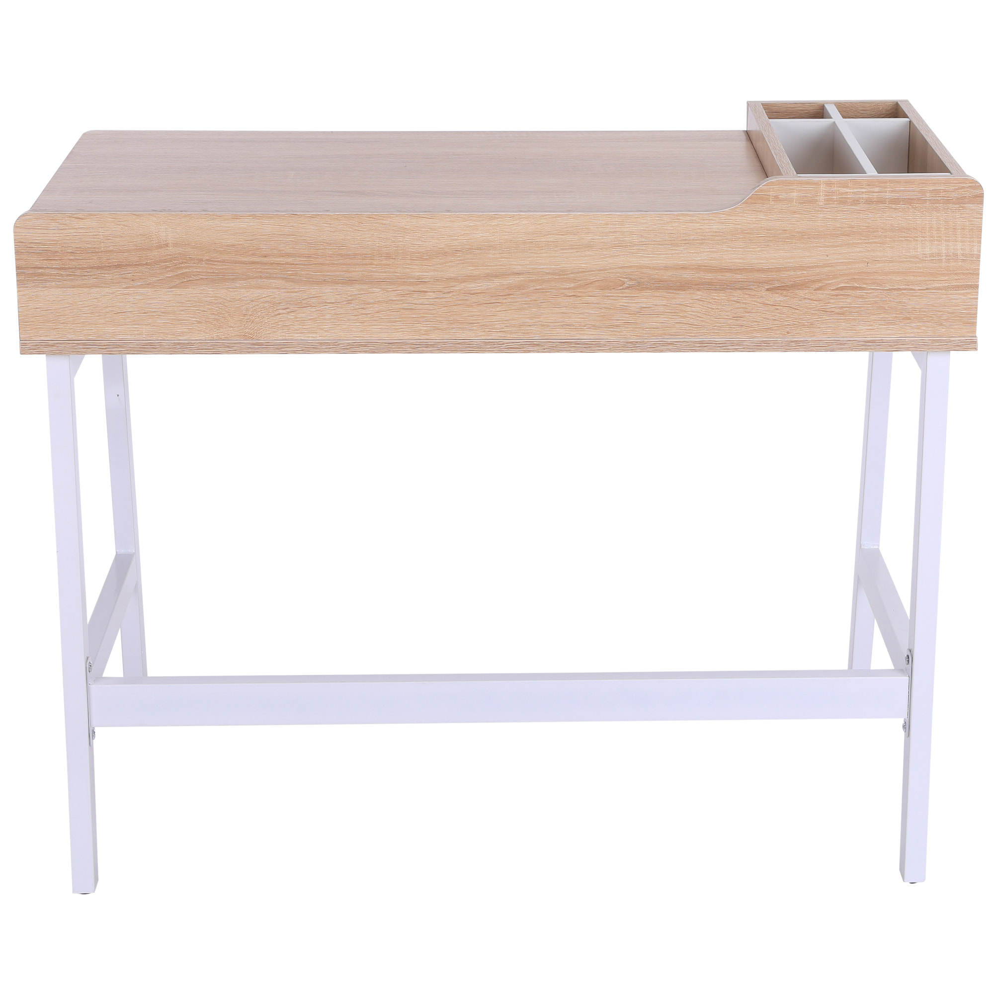 Bureau informatique multi-rangement style contemporain dim. 100L x 55l x 82H cm métal blanc MDF chêne clair