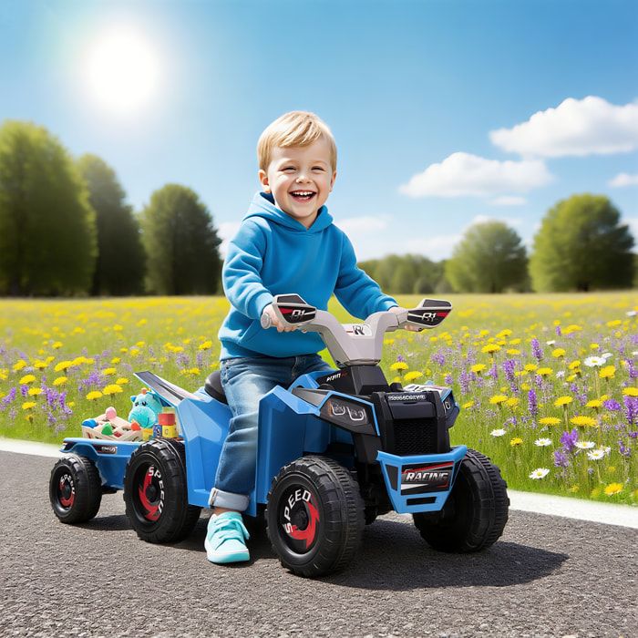 Quad Eléctrico para Niños con Remolque a Batería 6V, Quad para Niños de 18-36 Meses con Velocidad 2,5 km/h, 6 Ruedas y Manillar Antideslizante, 106x41,5x48,5 cm, Azul
