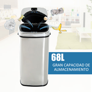 Cubo de Basura Inteligente de Acero Inoxidable 68L con Sensor de Infrarroja de Apertura Automática y Contacto Manual para Cocina Dormitorio Baño 40,5x29,5x78 cm Plata