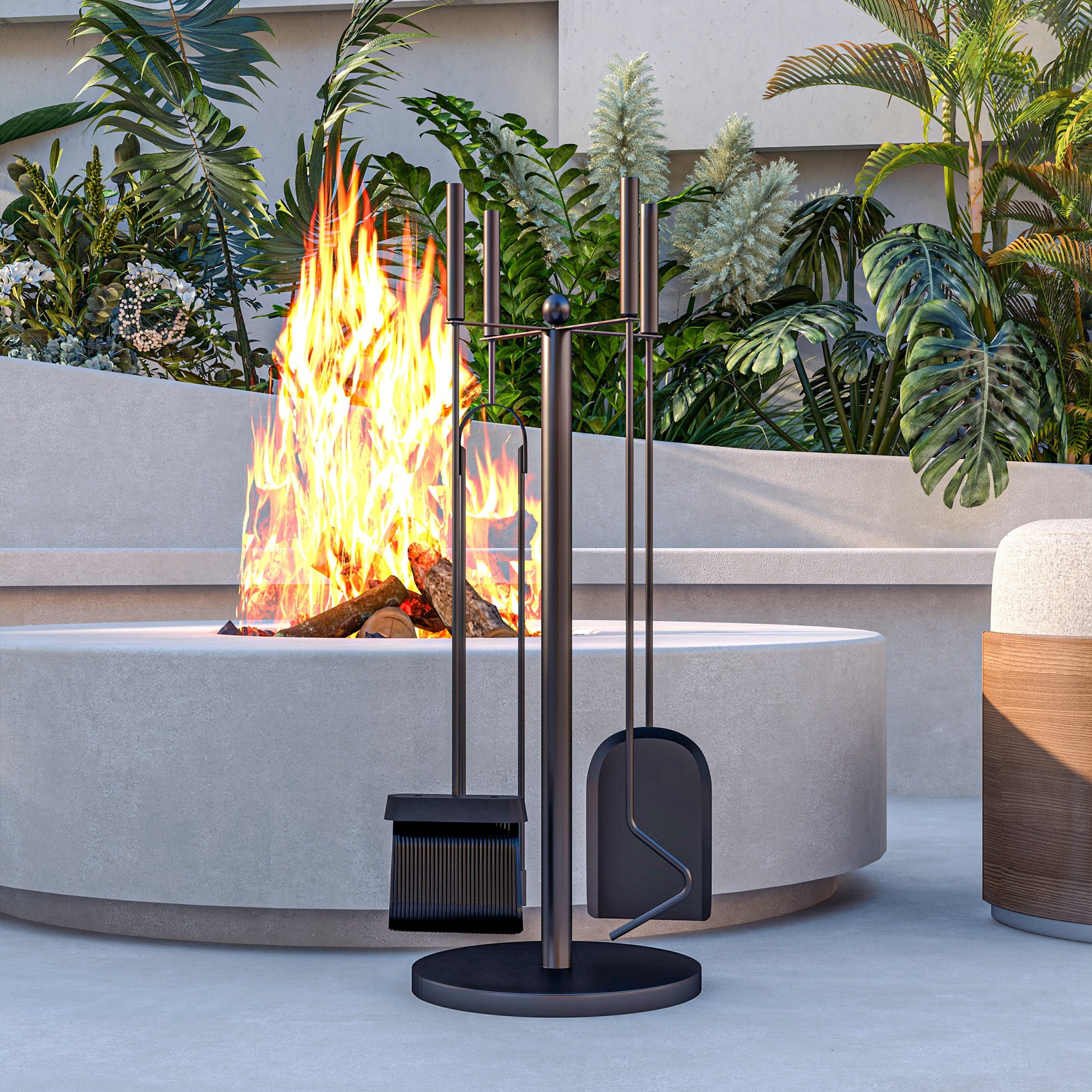 Juego de Herramientas para Chimenea de 5 Piezas Juego de Accesorios para Chimenea de Metal con Escoba Pala Tenazas Atizador y Soporte Ø25x54 cm Negro