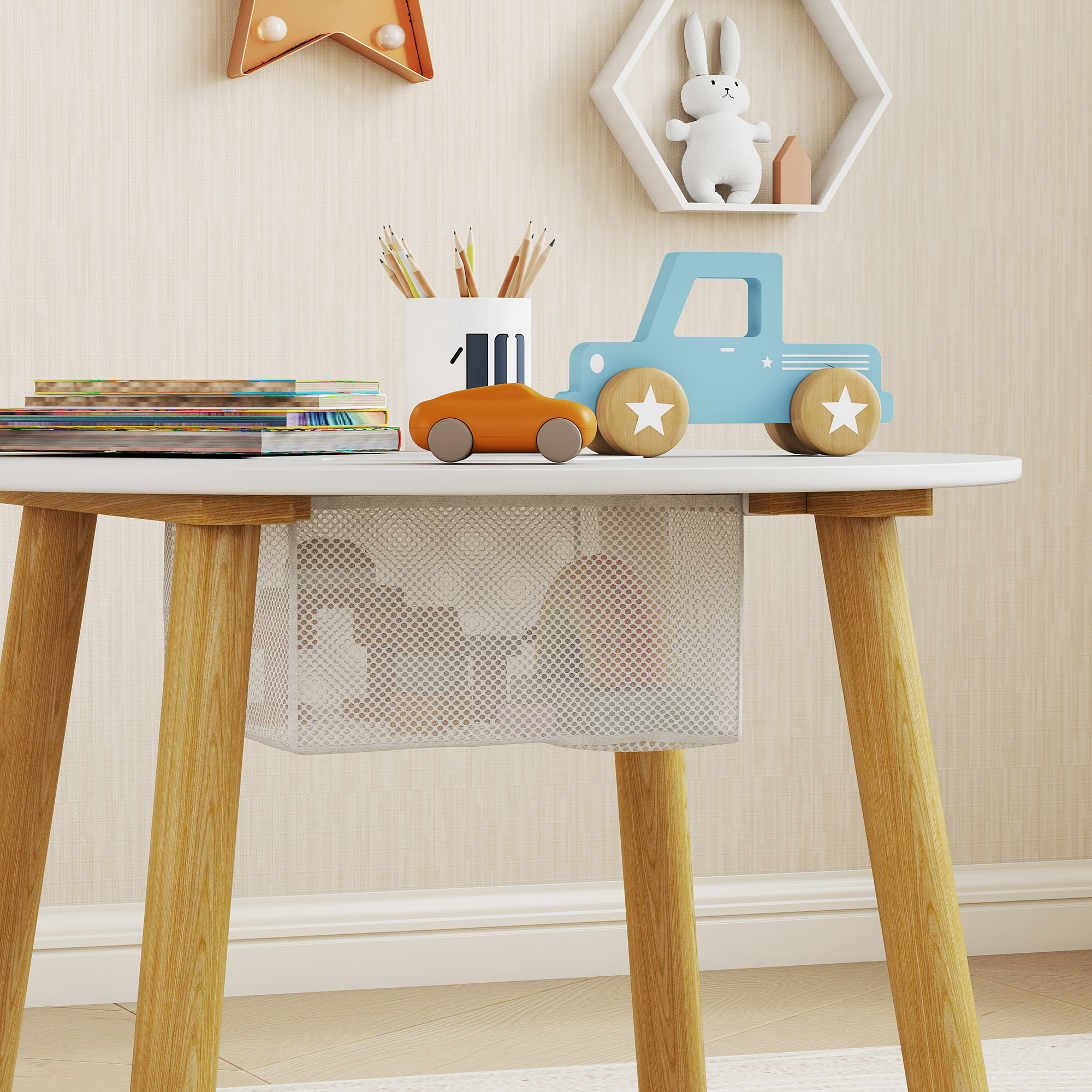 Ensemble table chaises enfant design ourson scandinave - rangement table intégré - blanc aspect bois