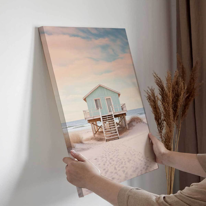 Tableau mer et plage Cabanon bleu pastel Toile imprimée