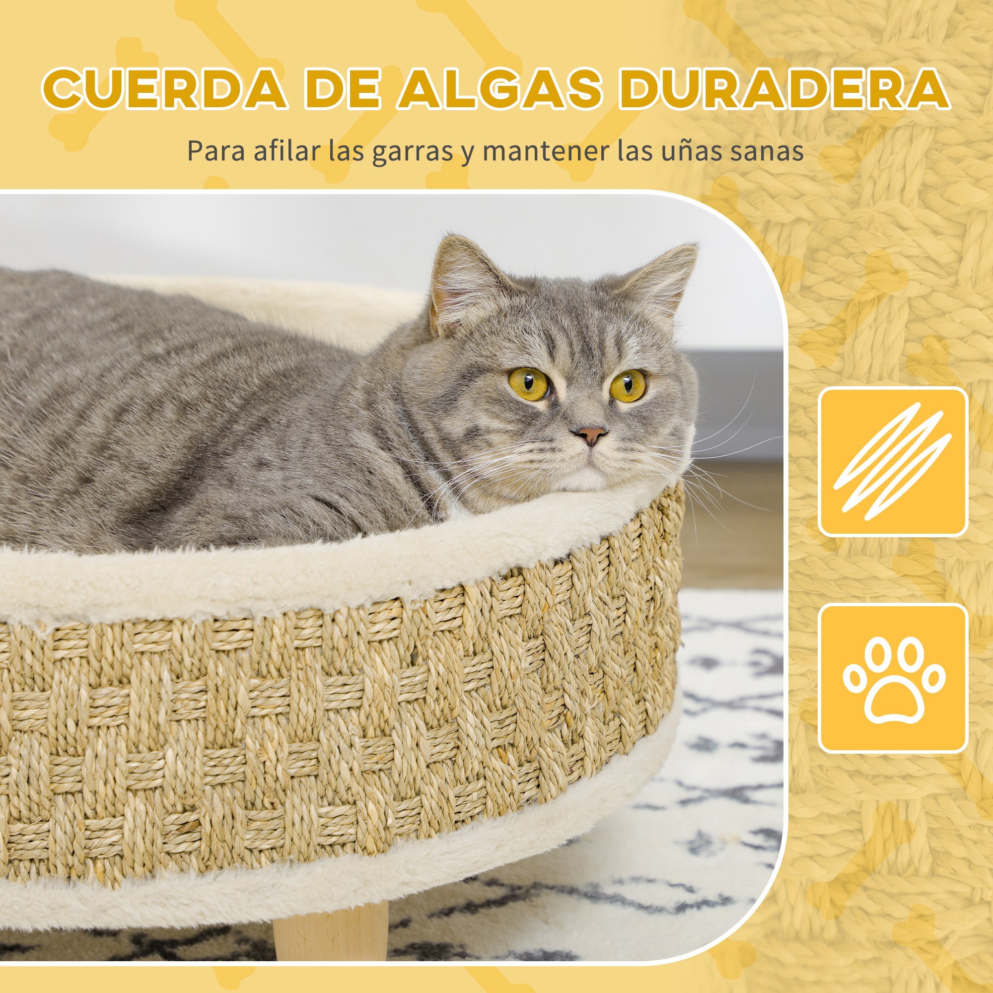 Cama Elevada para Perros Cama para Perros Miniaturas con Cojín Lavable Cuerda de Seagrass Marco de Madera y Alfombrillas Antideslizantes Sofá para Mascotas para Interior Ø48x24,5 cm Beige