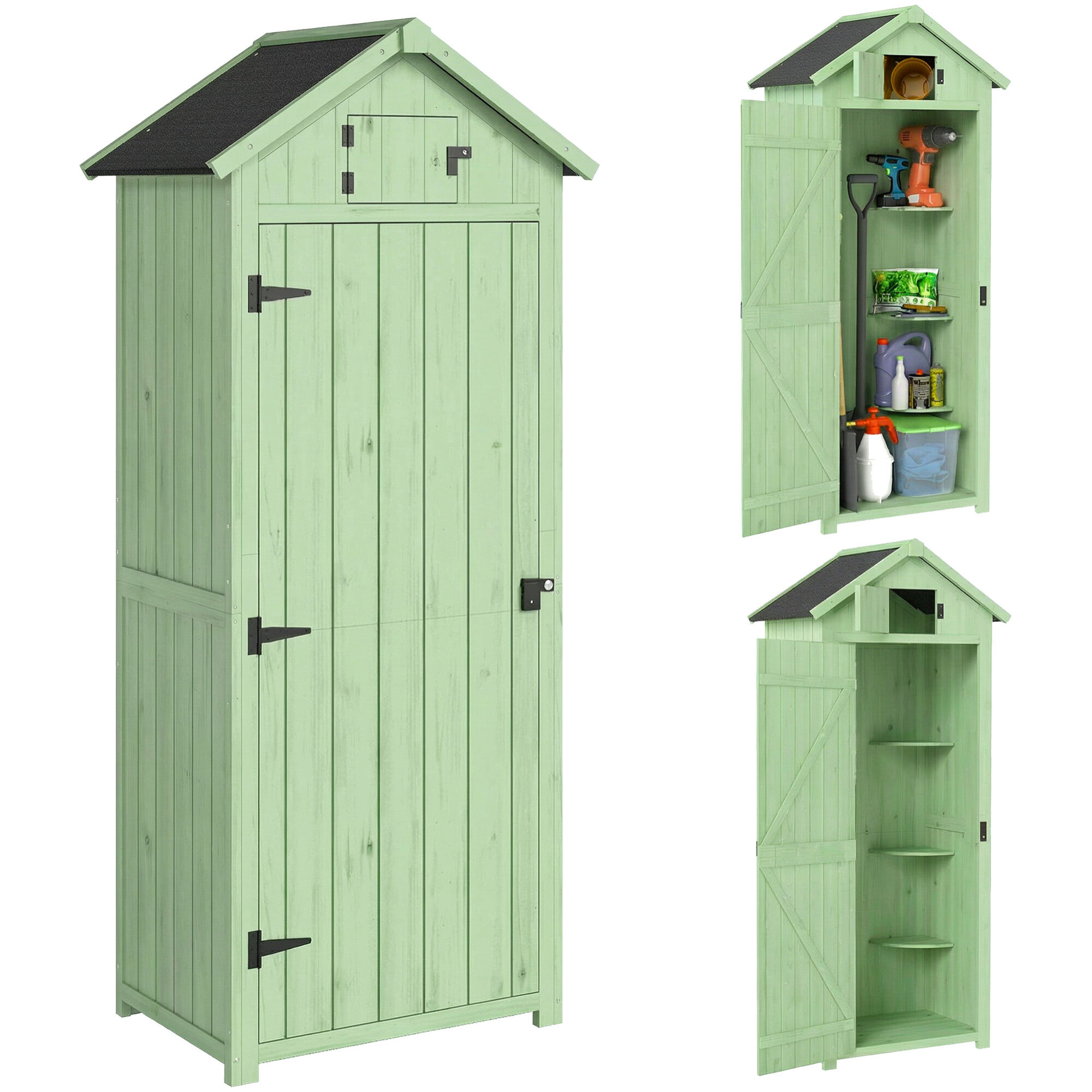 Armario de Jardín de Madera 77x54,2x179 cm 0,3 m² Cobertizo para Almacenaje de Herramientas con 3 Estantes y 2 Puertas con Cerrojo para Patio Terraza Verde