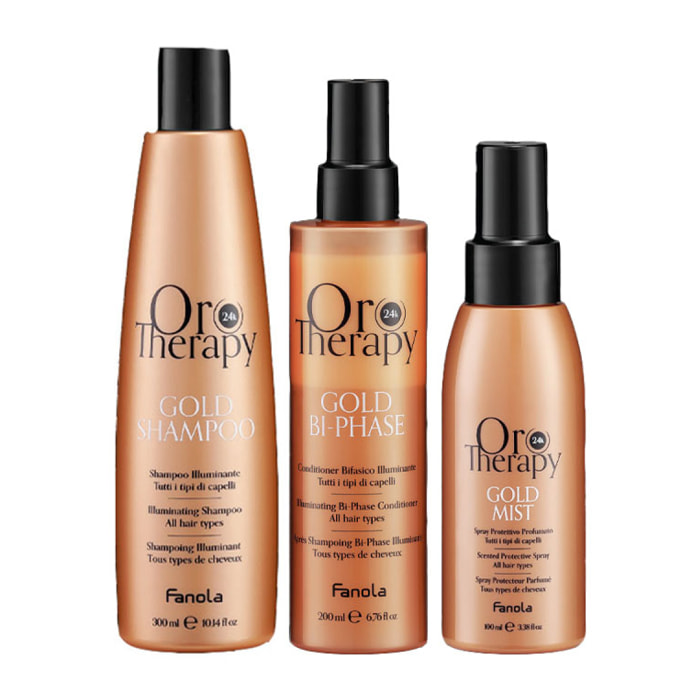 FANOLA Kit Oro Therapy Gold Champú 300ml + Acondicionador Bifásico 200ml + Spray Protector 100ml