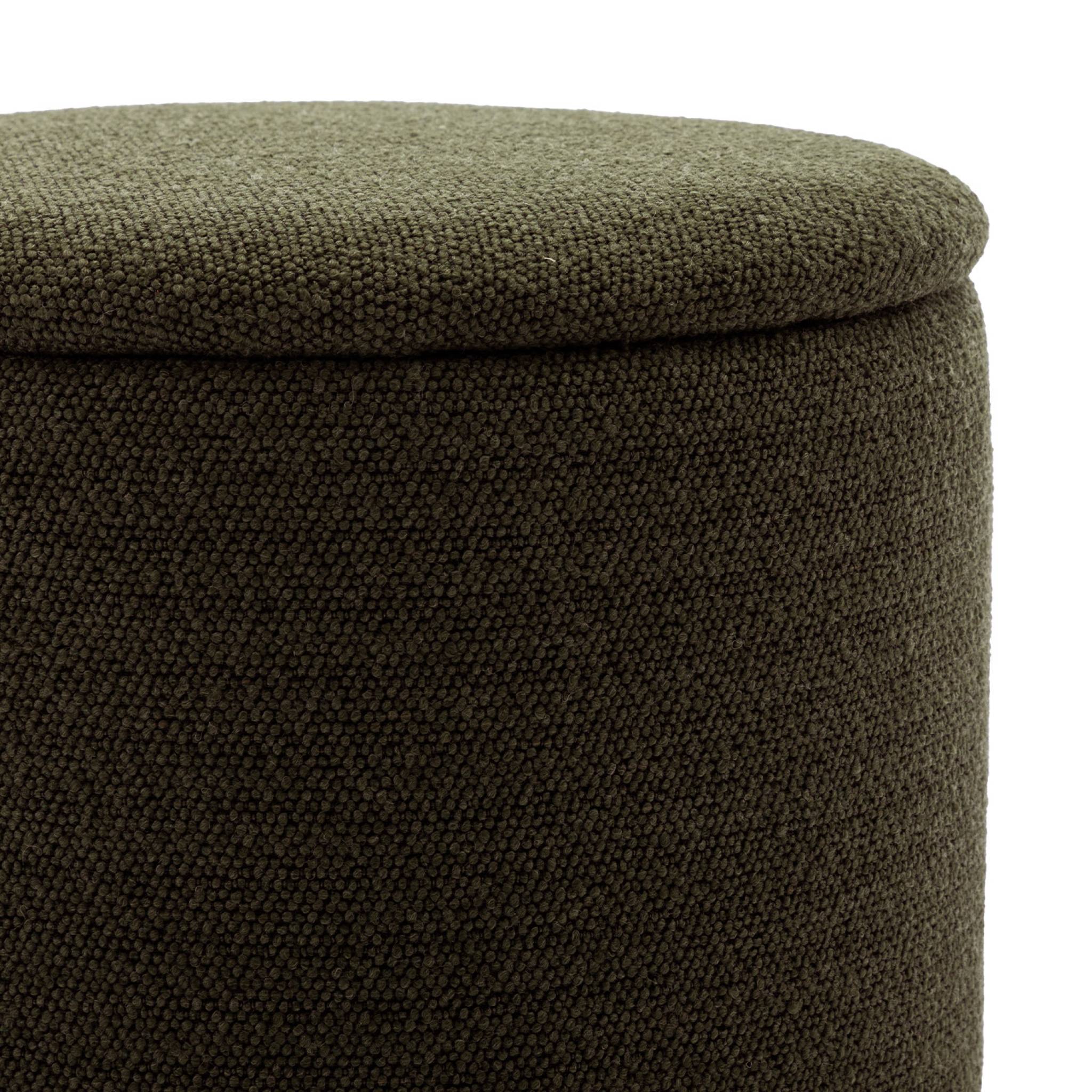 Pouf kaki foncé en tissu avec rangement pour coussins ou plaids