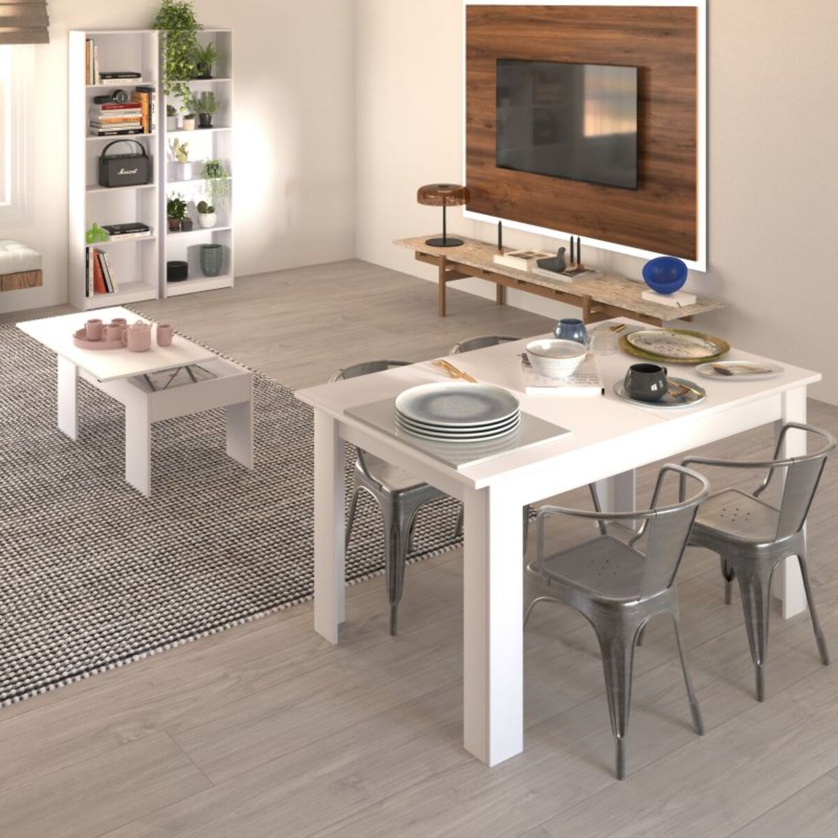 Pack mesa de comedor 140 y mesa de centro Vita Blanco Artik (Blanco Mate)