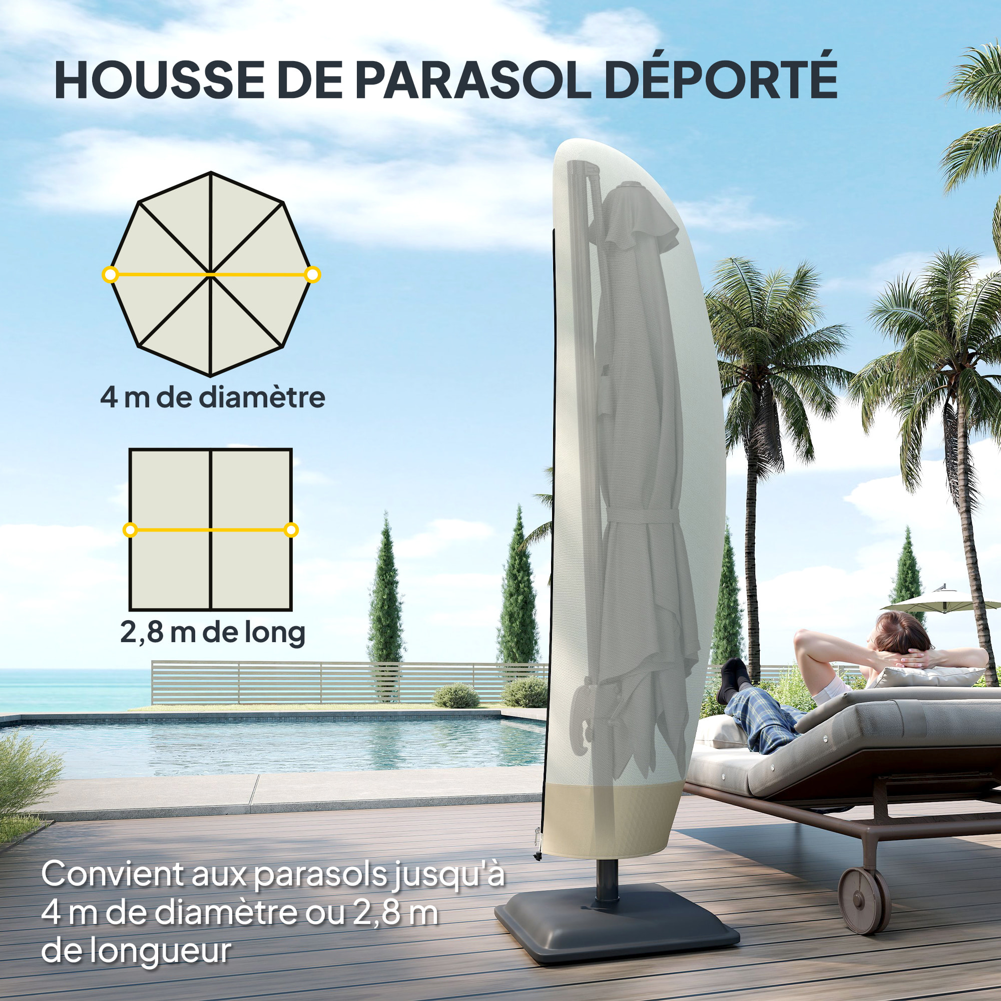 Housse de protection imperméable pour parasol droit avec fermeture éclair et cordon de serrage polyester PVC haute densité beige