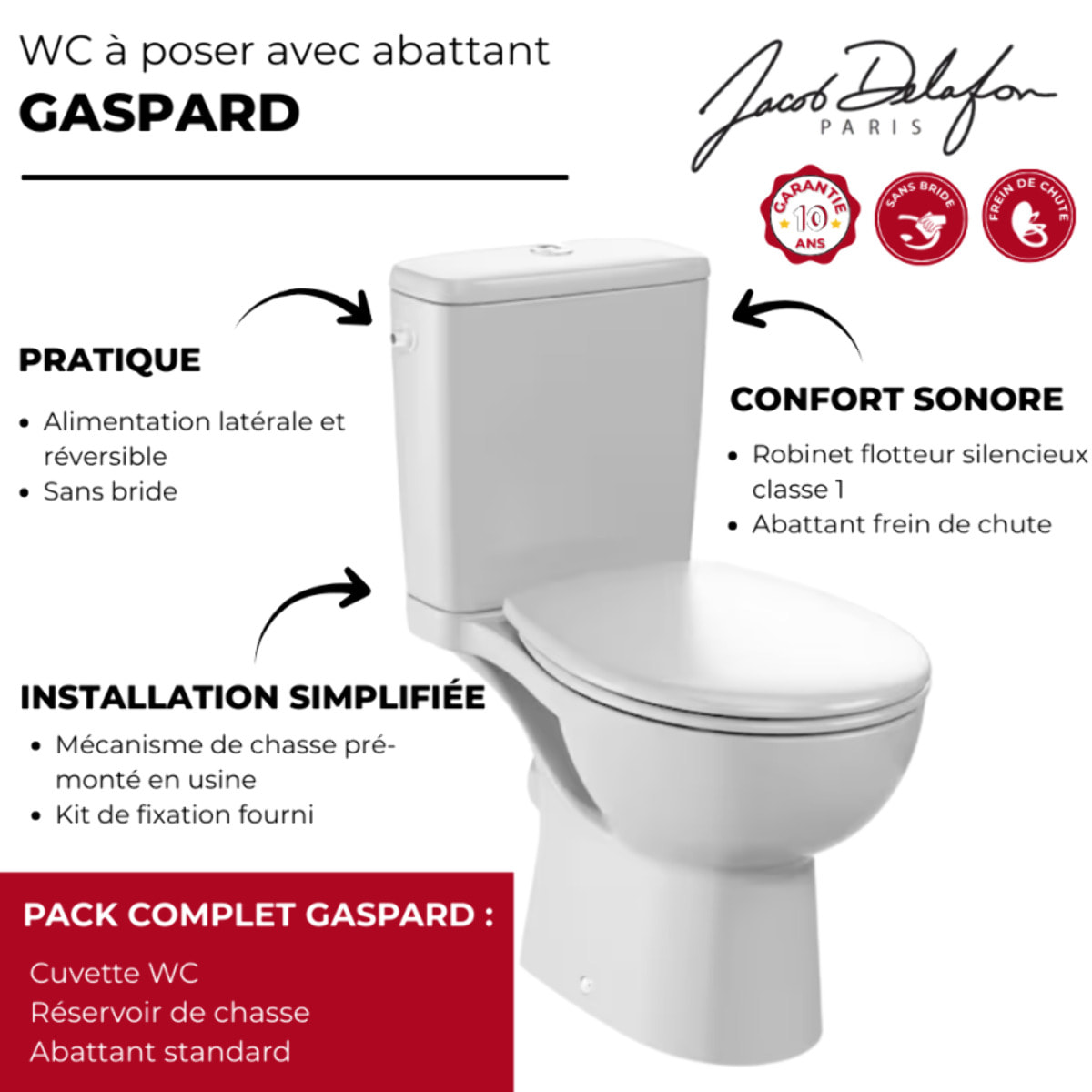 WC à poser sans bride sortie horizontale Gaspard avec abattant frein de chute et déclipsable + gel WC