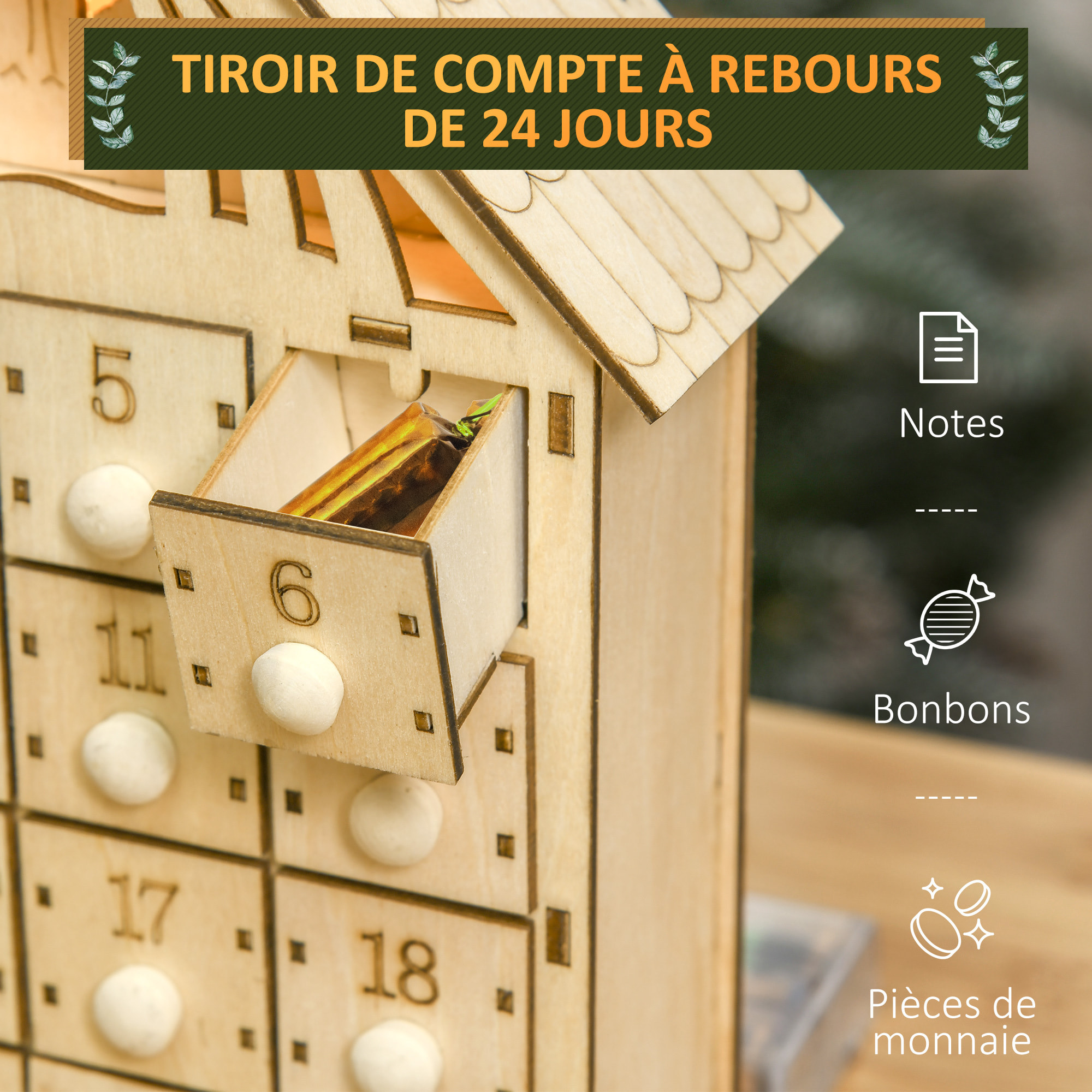 Calendrier de l'Avent en bois décoration de crèche de Noël - 24 tiroirs - naturel