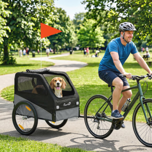 Remorque vélo chien pliable attache universelle pneus 20" réflecteurs drapeau harnais gris