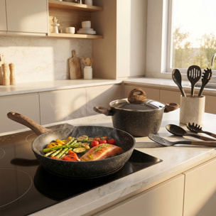 Set pentole e padelle 10 pezzi antiaderente stone, batteria cucina induzione con wok casseruola padella bistecchiera e utensili, rivestimento marmorizzato, manici soft touch effetto legno, adatto a tutti i piani cottura