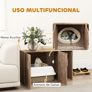 Mueble Arenero para Gatos 3 en 1 Nido Mesa Auxiliar Caja de Arena para Gatos con Puertas Estera para Rascar y Compartimento para Salón Dormitorio 80x48x50,5 cm Marrón