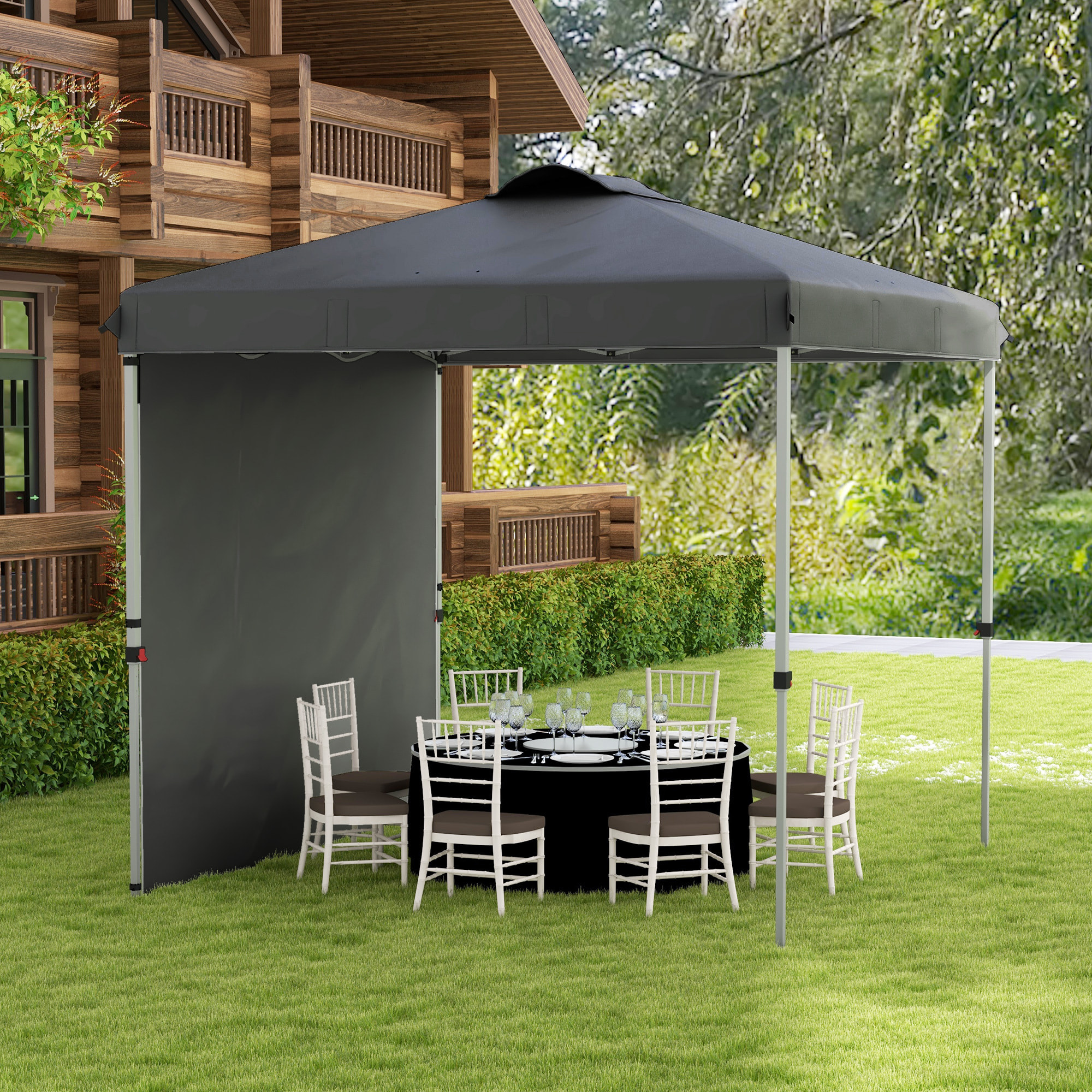 Carpa Plegable 2,5x2,5 m Cenador de Jardín con 1 Pared Lateral Altura Ajustable en 3 Niveles Anti-UV Impermeable y Bolsa de Arena para Camping Fiestas Gris Oscuro