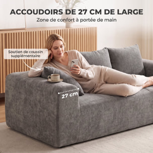 Canapé design arrondi 3 places larges accoudoirs 3 coussins tissu chenille gris