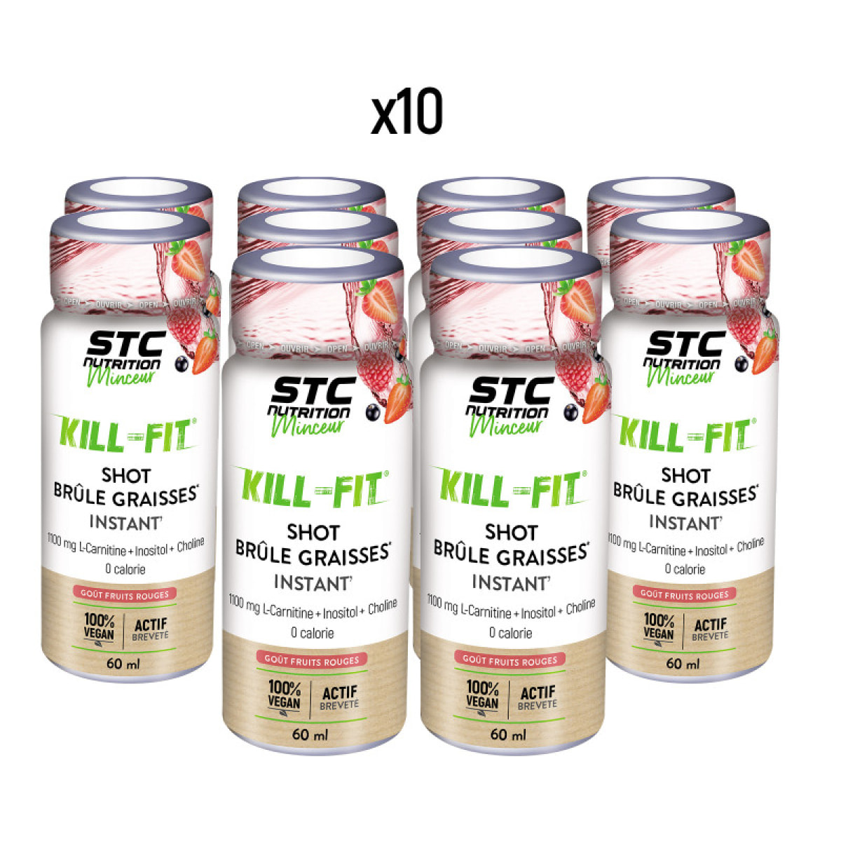 Kill Fit Shot - Concentré brûle graisses - 100% vegan - Actif breveté - Sans sucre - Sans aspartame - Zéro calorie - Flacon 60ml - Goût fruits rouges - Lot de 10 produits