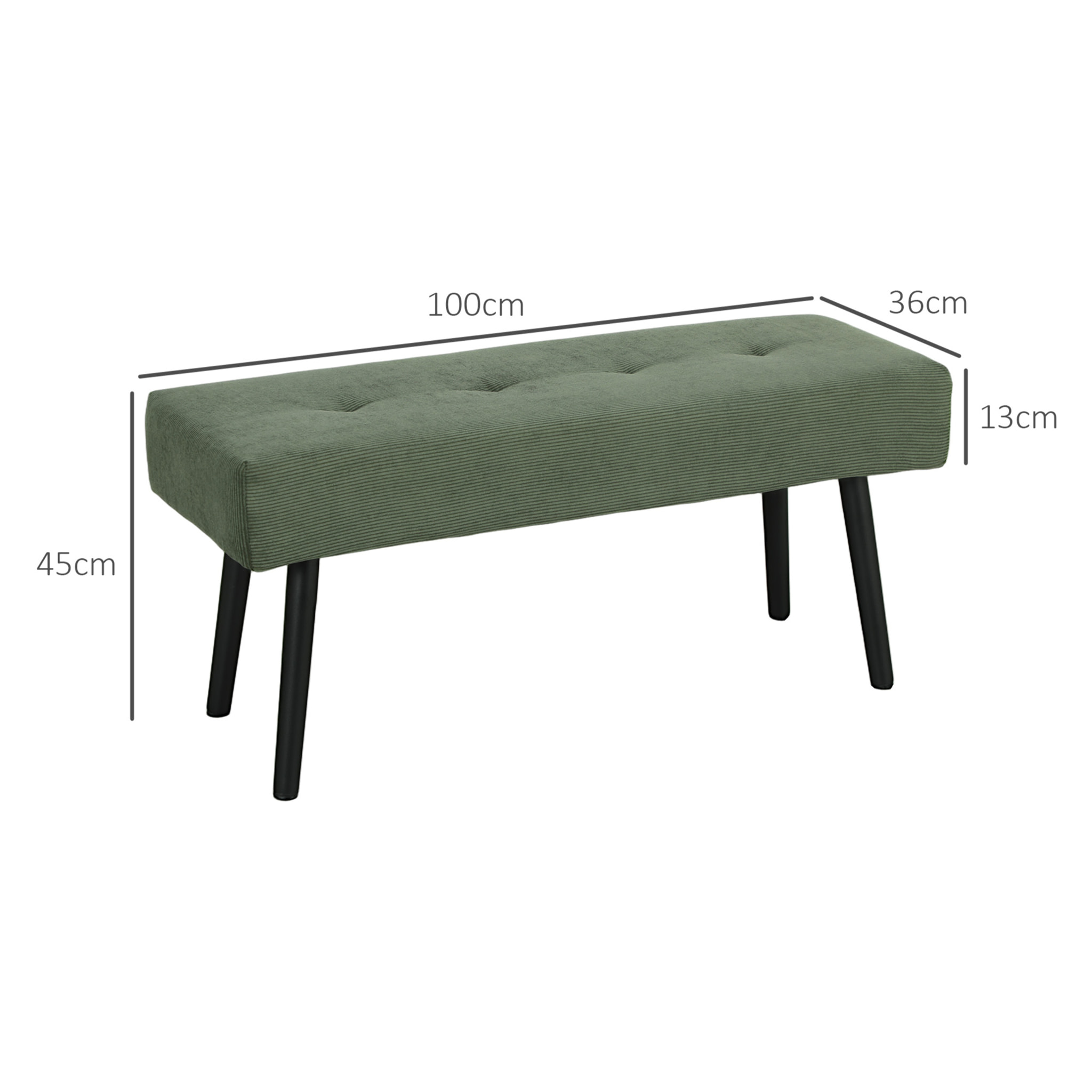 Banquette bout de lit velours côtelé design dim. 100 x 36 x 45 cm acier noir tissu vert