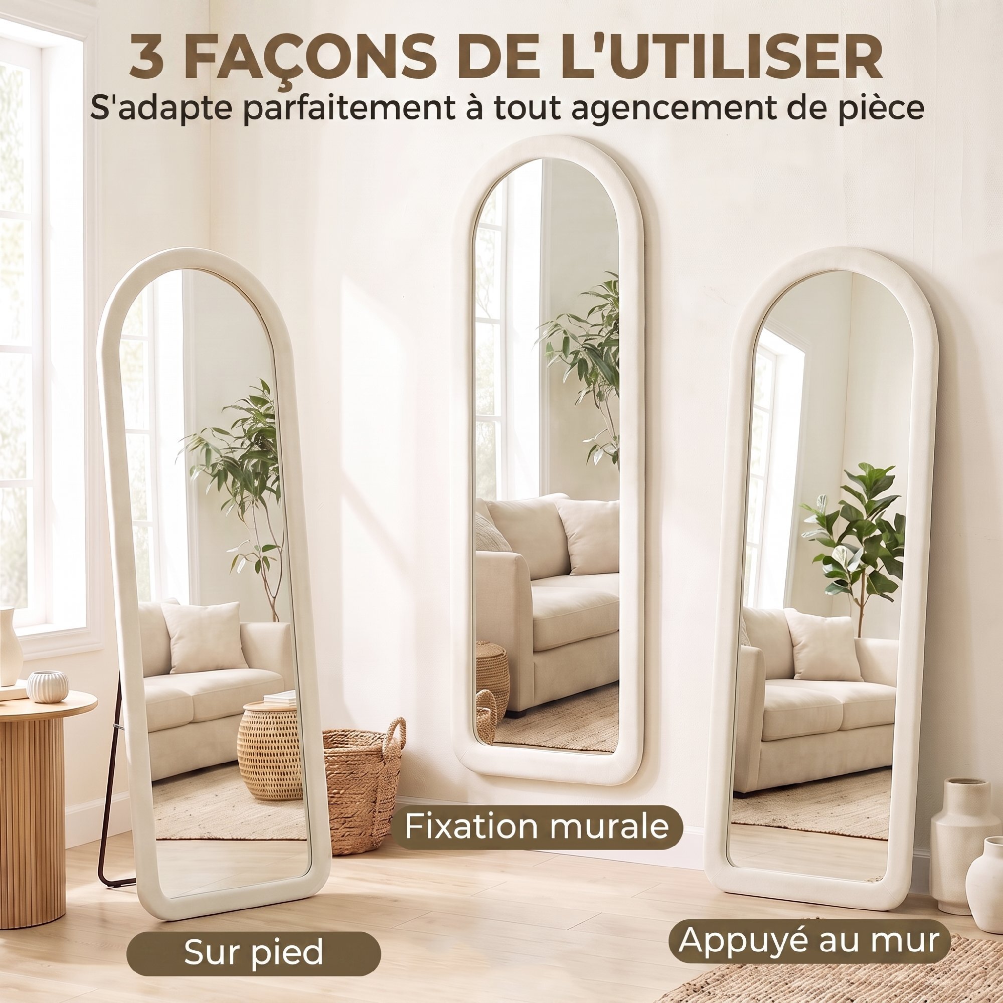 Miroir sur pied pleine longueur design velours blanc crème