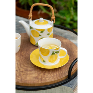 J-Line Tasse + Sous-tasse Citron - céramique - blanc/jaune - large - set de 4