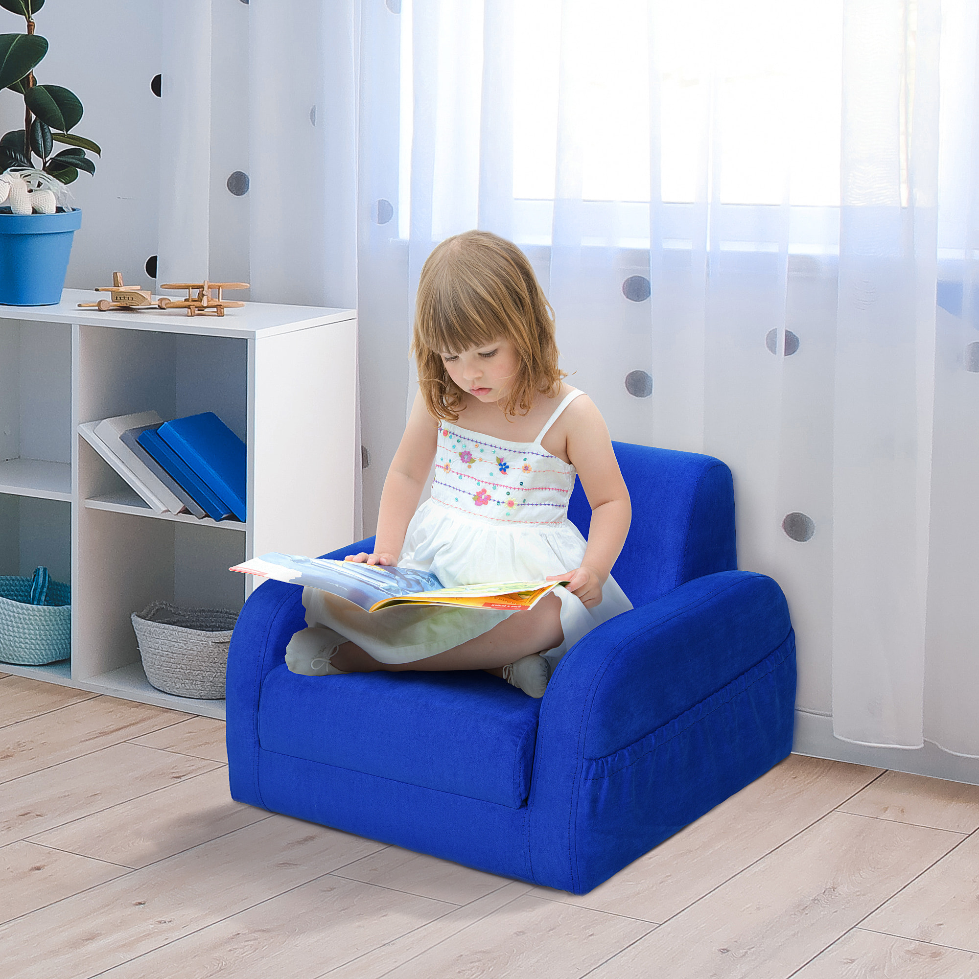 Sillón para Niños de 3 Años Sofá Transformable Diseño 2 en 1 Cama Infantil Plegable de 2 Posiciones con Reposabrazos Asiento Ancho Acolchado 47x45x38 cm Azul