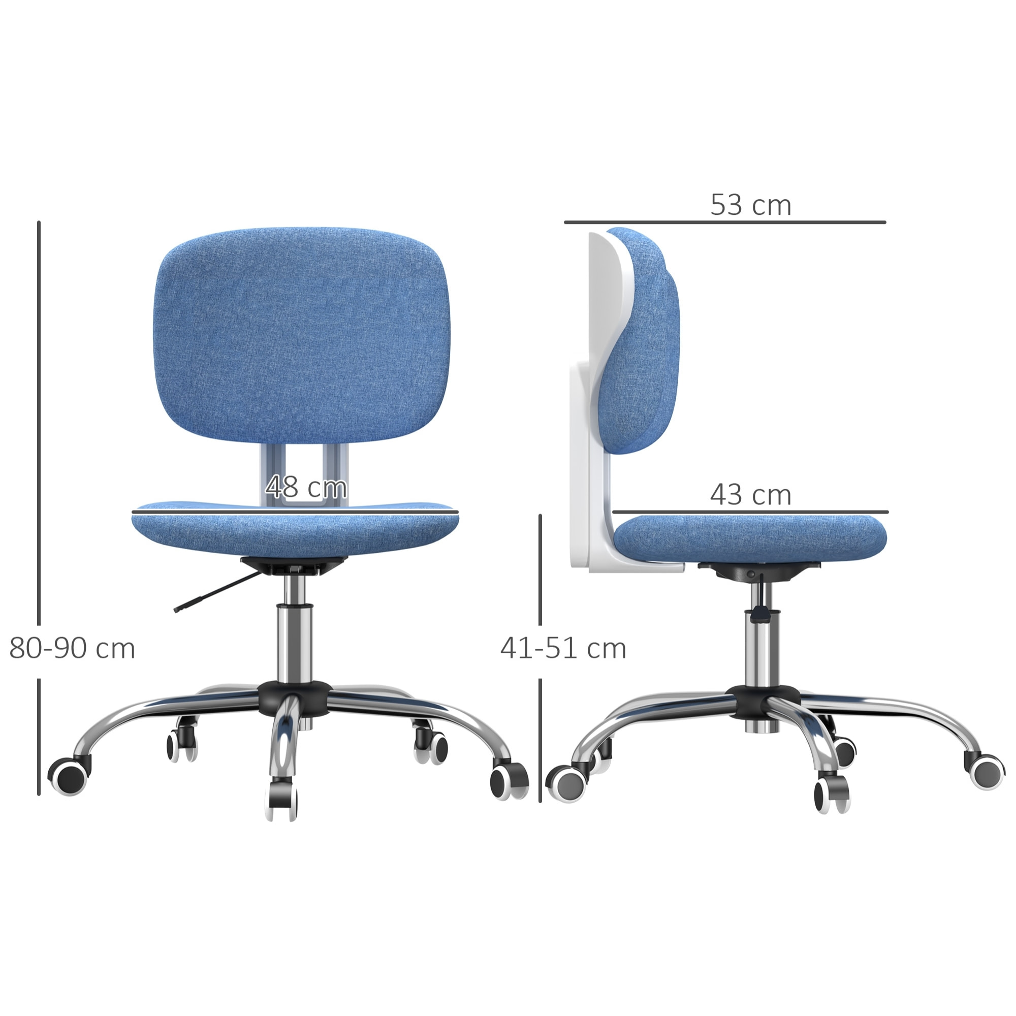 Chaise de bureau hauteur réglable pivotante 360° dossier ergonomique piètement chromé tissu bleu