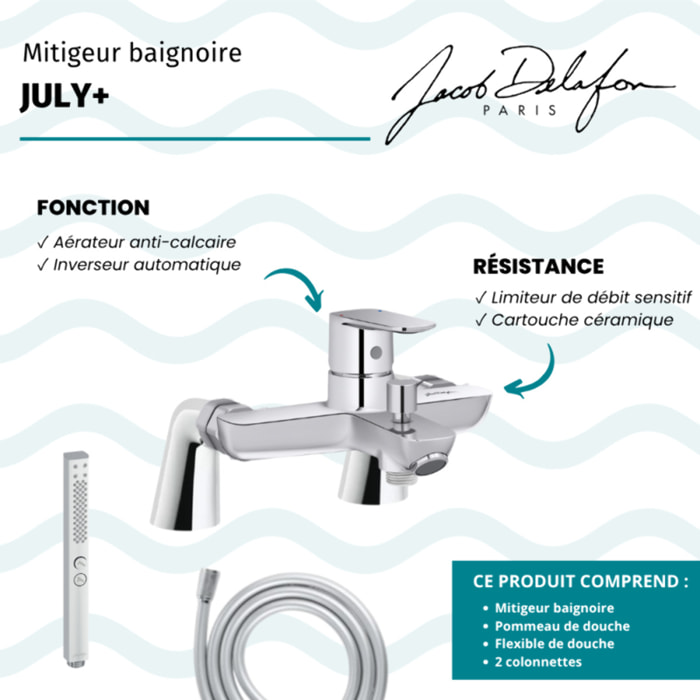 Mitigeur baignoire July+ + pommeau de douche Shift+ carré + flexible de douche lisse + colonnettes
