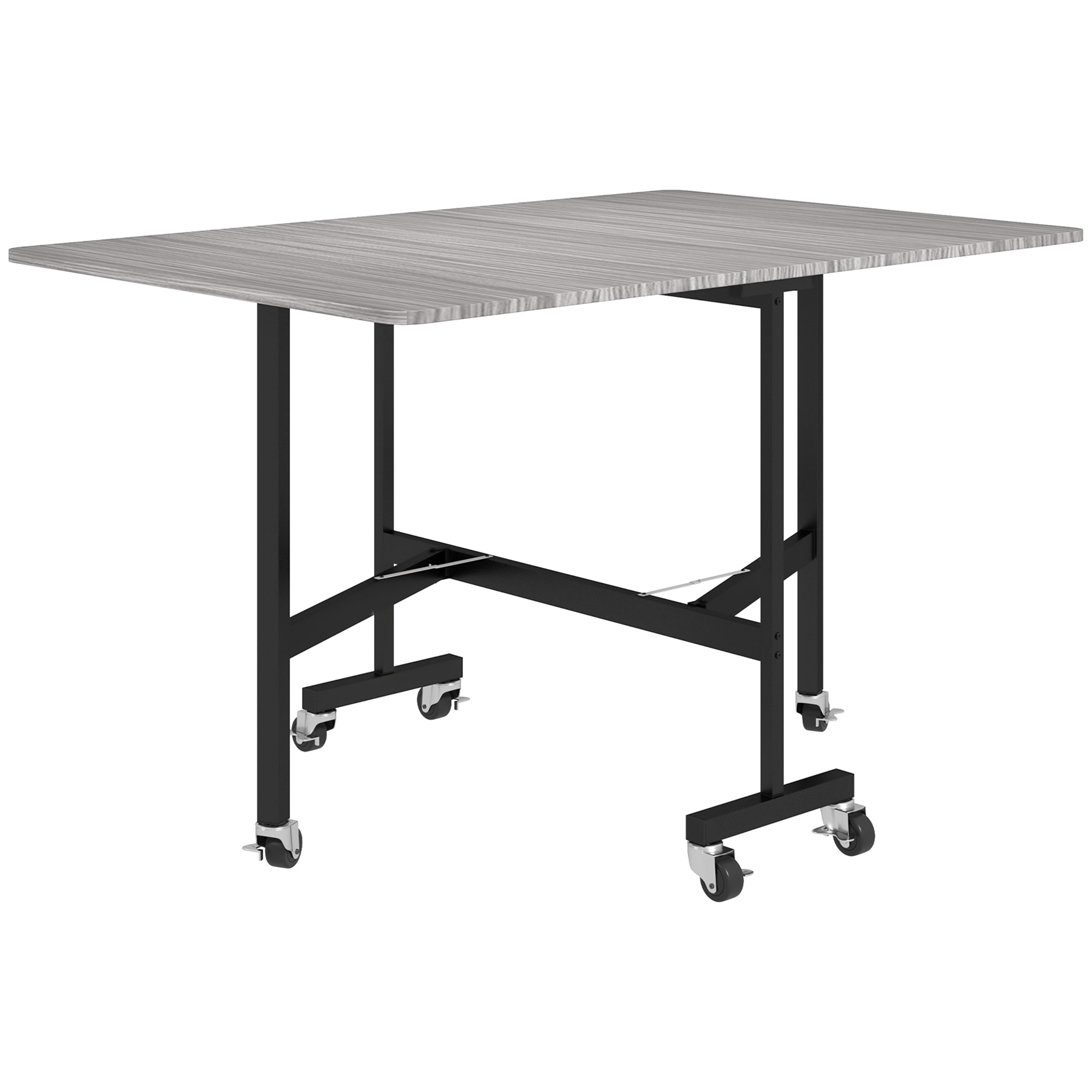 Table pliable 6 personnes - table à rabat mobile 6 roulettes - acier noir effet bois gris