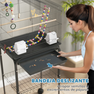 Jaula para Pájaros con Ruedas Pajarera con Cesta Múltiples Puertas 2 Comederos 2 Perchas Columpio Escaleras y Bandeja Extraíble para Loros Canarios Periquitos 46x36x120 cm Negro