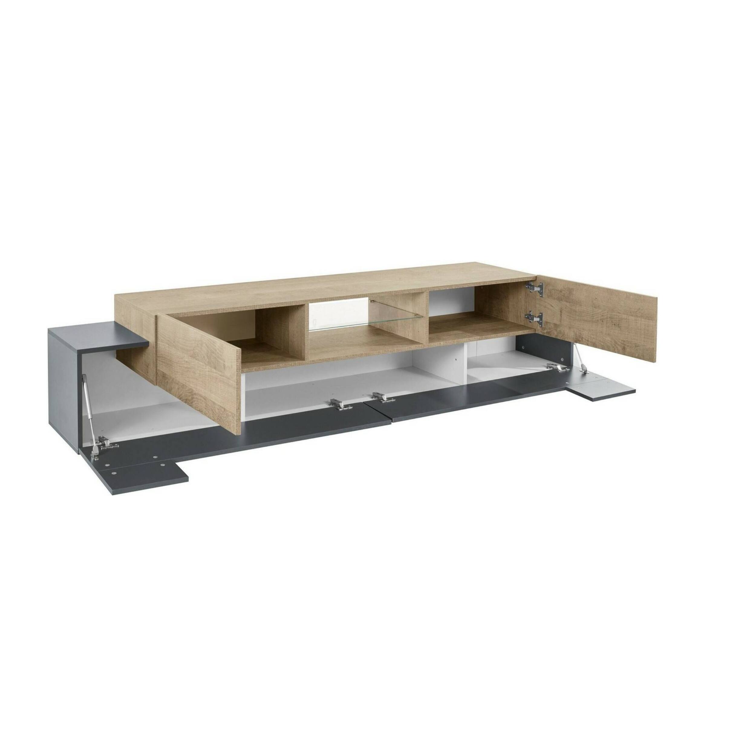 Mobile porta TV Amato, Credenza bassa da soggiorno, Base porta televisione, 100% Made in Italy, cm 220x40h51, Antracite e Acero