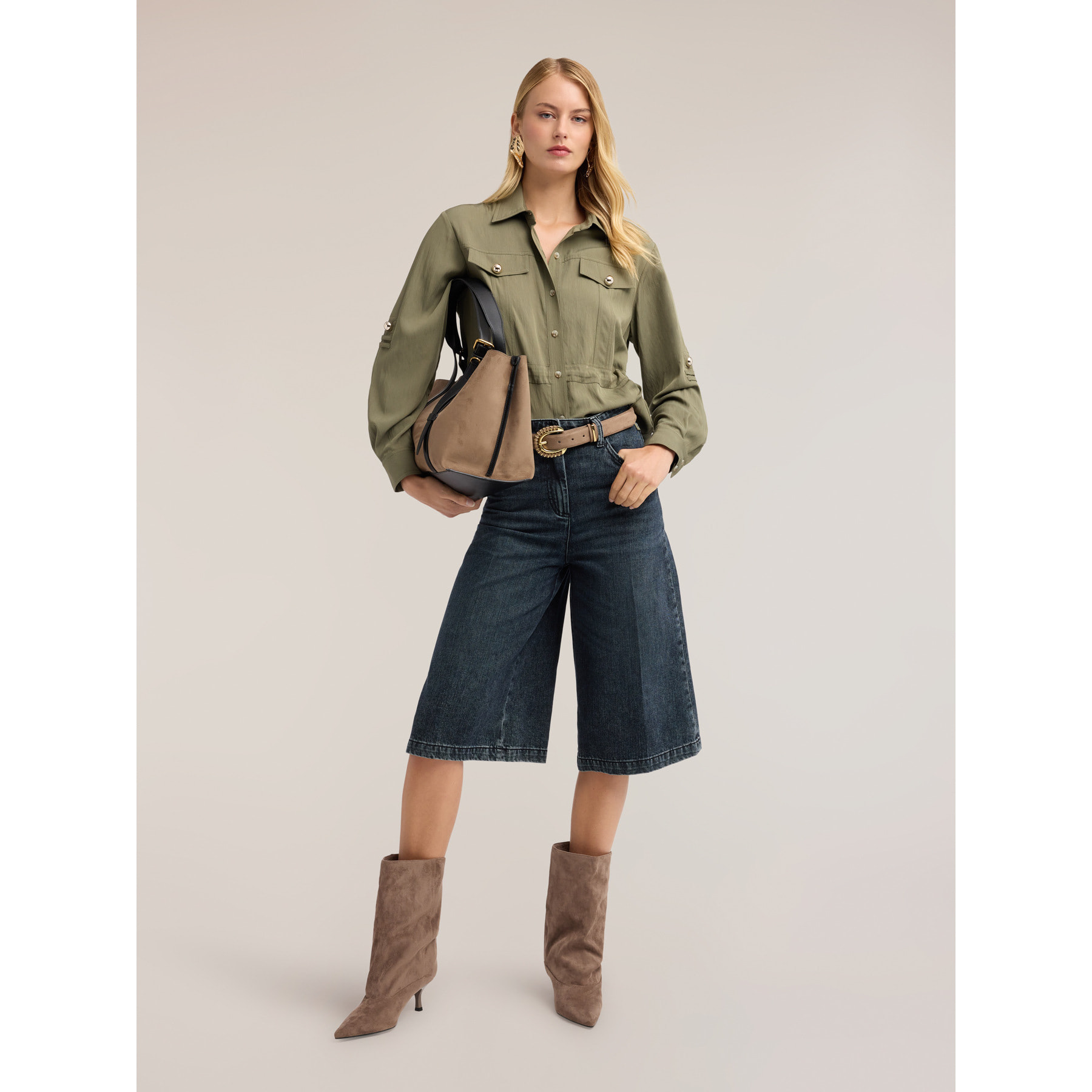 Motivi - Camisa con cordón ajustable en sarga de viscosa - Verde militare