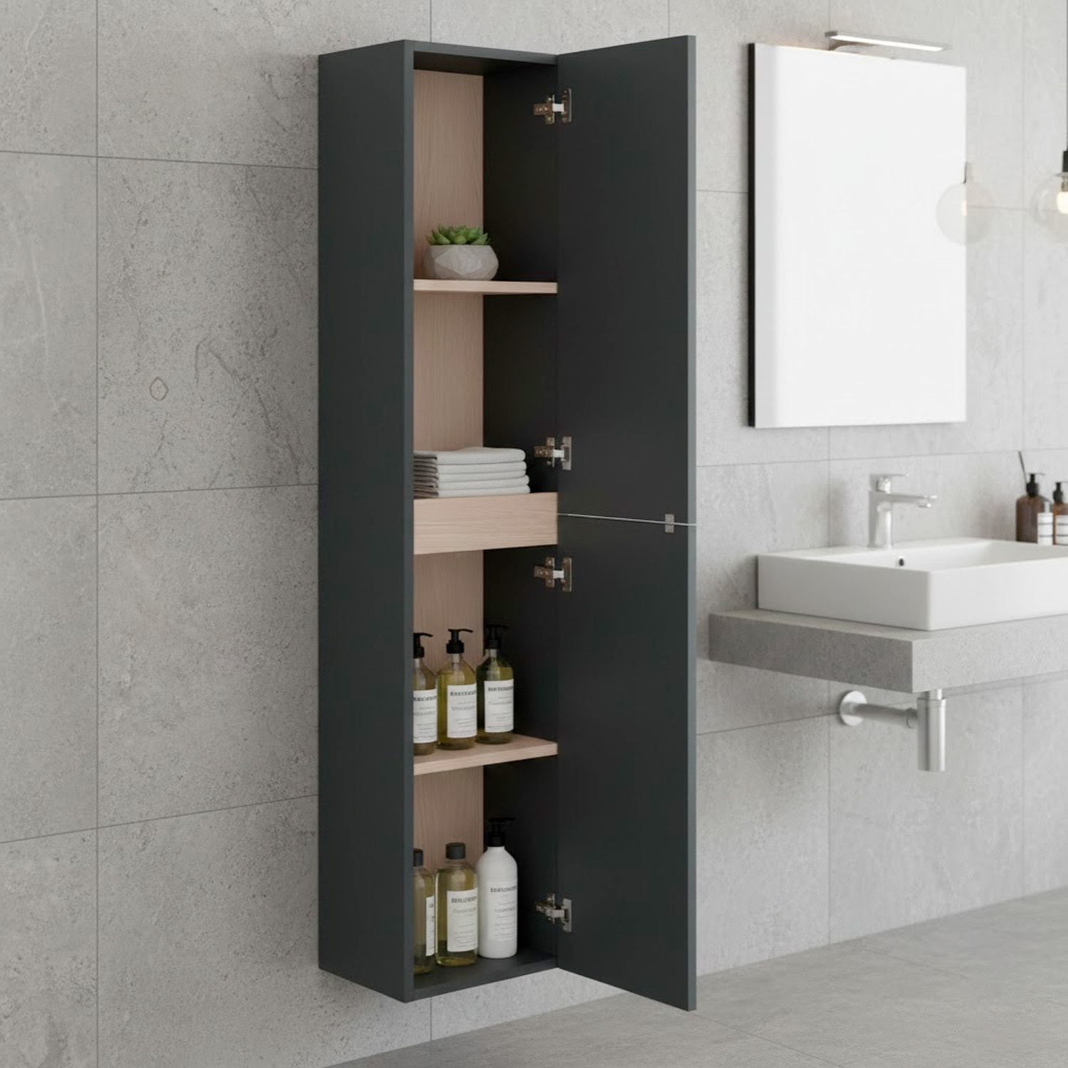 Colonna Da Bagno Sospesa Con 2 Ante E 2 Mensole Regolabili Mobile Alto In Melaminico Con Chiusura Assistita 135 x 31 x 26 Cm Grigio Antracite E Rovere
