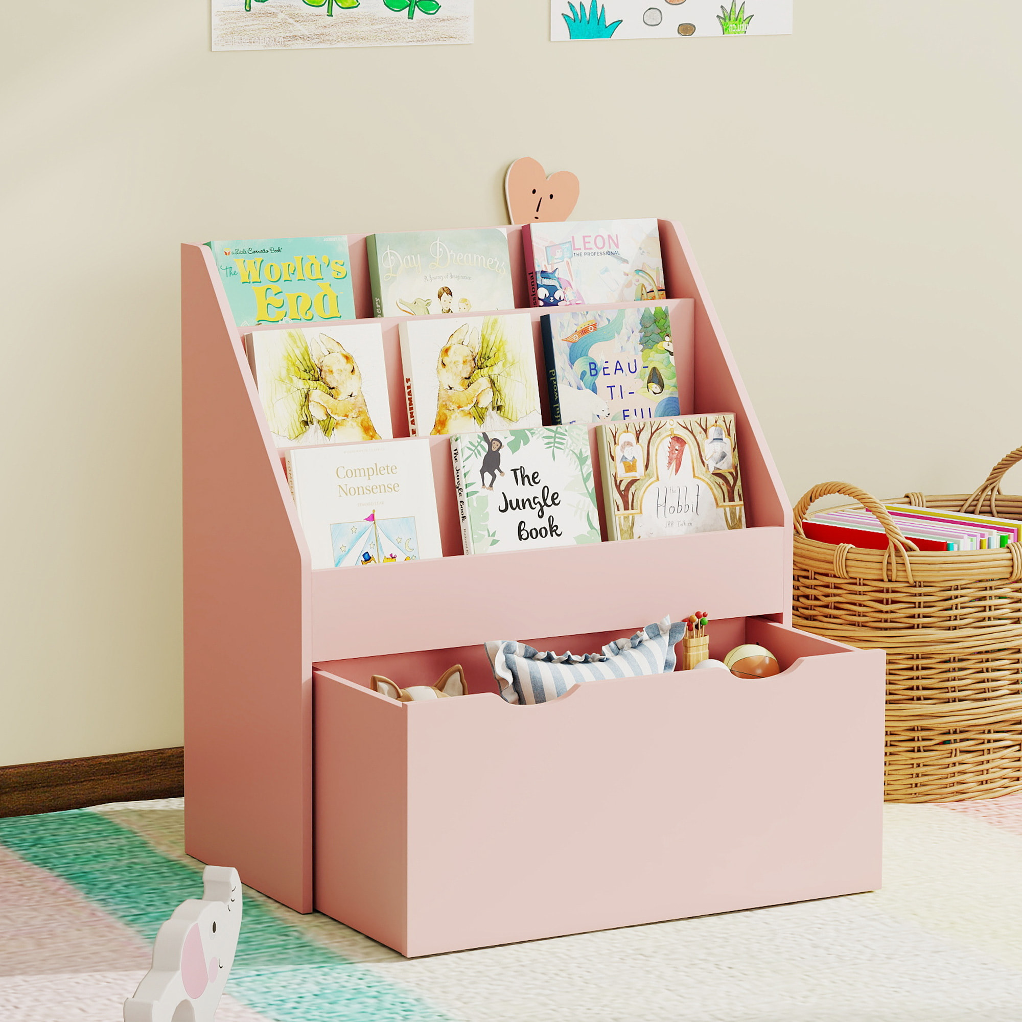 Estantería de Juguetes con 3 Compartimentos, Librería Infantil, Caja de Juguetes Móvil, Cajón con Ruedas, Multifuncioanl, para Dormitorio, Guardería, Sala de Juegos, Rosa