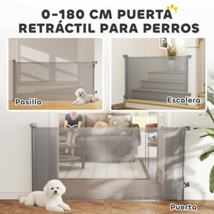 Barrera de Seguridad para Perros Retráctil, Extensible hasta 180 cm de Ancho y 93 cm de Alto, para Escaleras y Puertas, Valla para Perros Pequeños y Medianos, Uso con Una Sola Mano, Gris