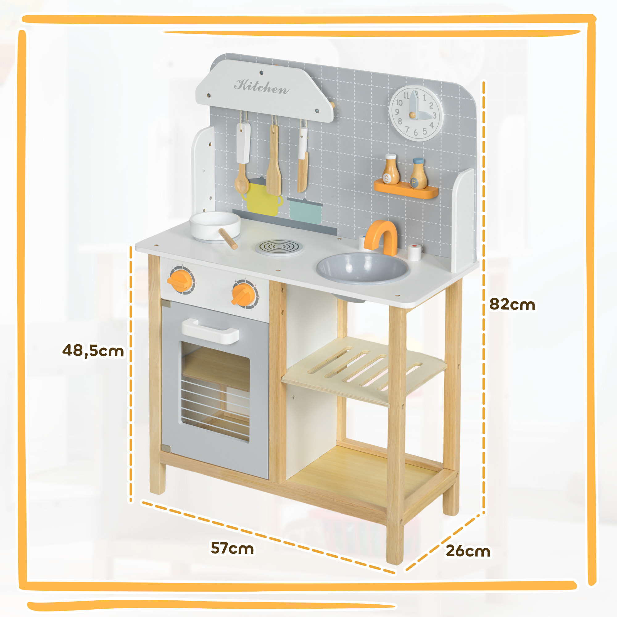 Cocina de Juguete para Niños +3 Años Cocinita Infantil Cocinita de Madera Infantil con Sonido Fogón Horno Grifo Fregadero y Accesorios de Cocina Gris