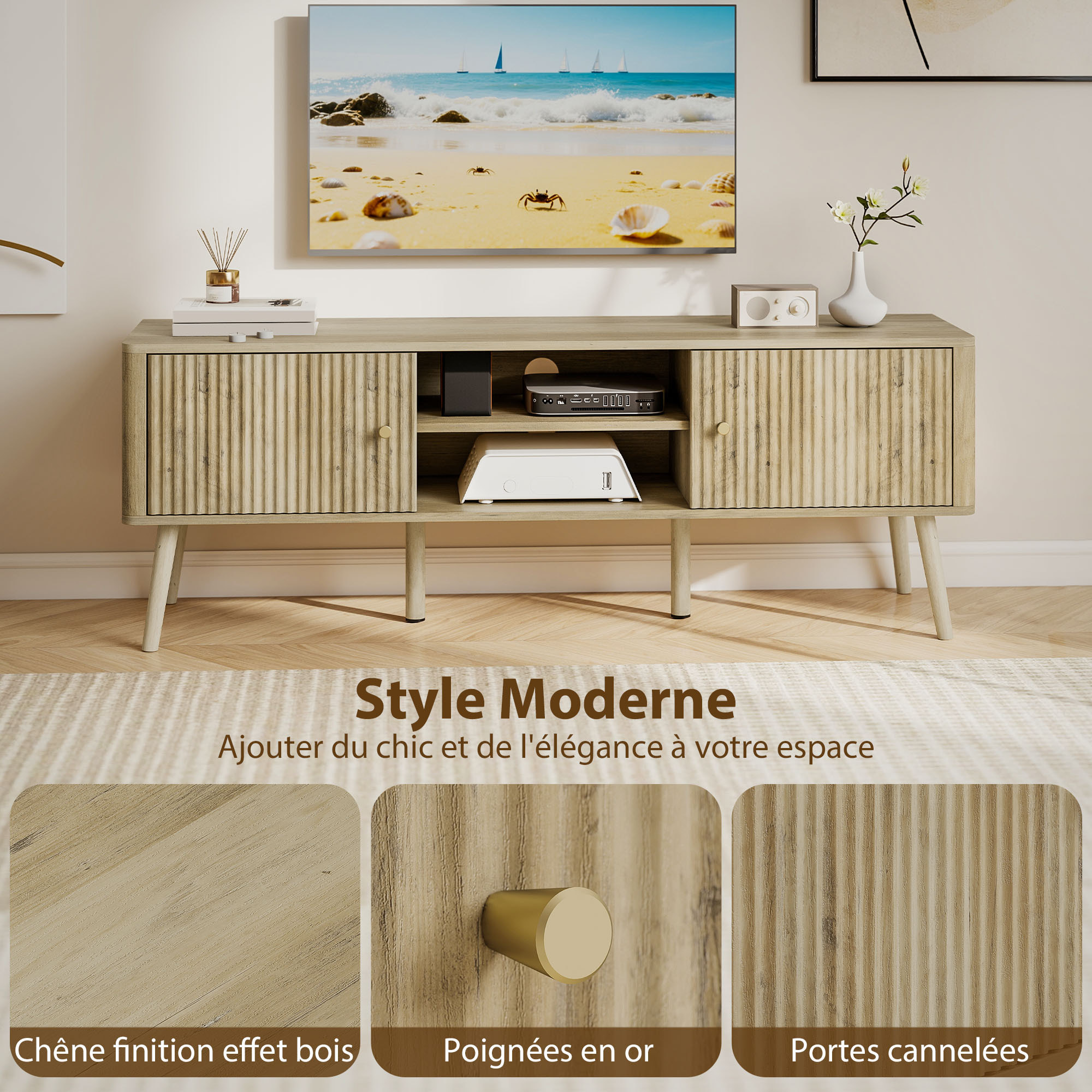 Meuble TV design effet cannelé naturel 2 portes 2 niches bois de pin effet bois clair