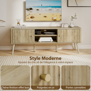 Meuble TV design effet cannelé naturel 2 portes 2 niches bois de pin effet bois clair
