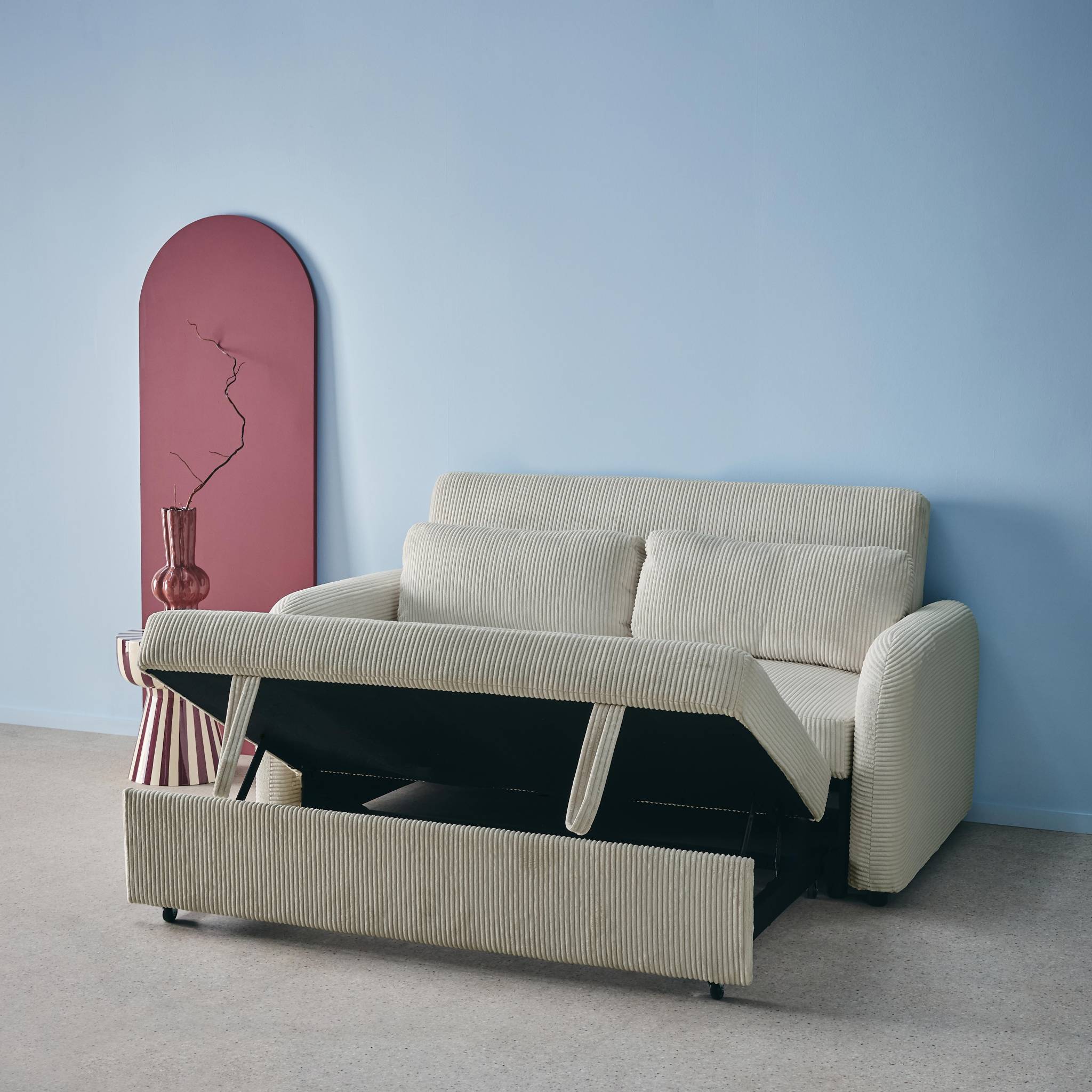 Canapé convertible arrondi 2 places velours côtelé gris clair L 168 x P 90 x H 88cm - Lino