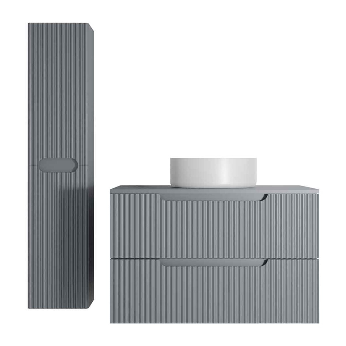 Meuble et colonne de Salle de Bains LEON 80cm Gris souris - Façades Ondulées - Vasque Ronde 36cm