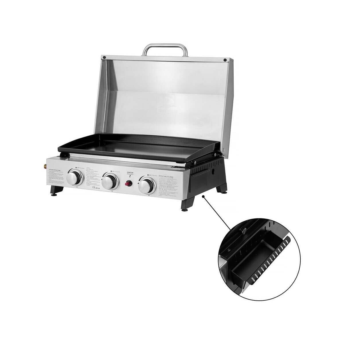 Plancha à gaz avec 3 bruleurs et couvercle en métal "Fasto" - 7,5 kw - Gris