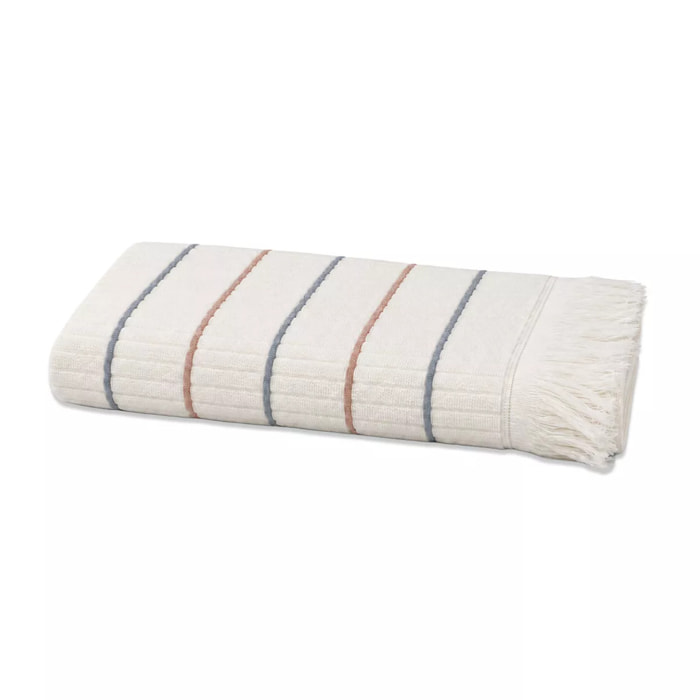 Drap de douche pur coton 580 g/m² tissé teint rayé bordeaux marine Farniente tangerine
