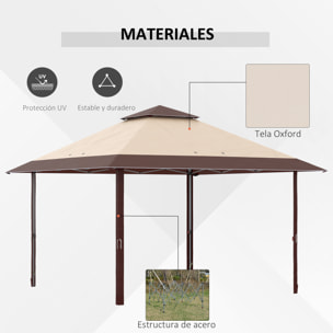 Carpa Plegable 3,85x3,85 m Cenador de Jardín con Doble Techo Altura Ajustable en 3 Niveles y Bolsa de Transporte Impermeable Anti-UV para Fiestas Bodas Caqui y Café