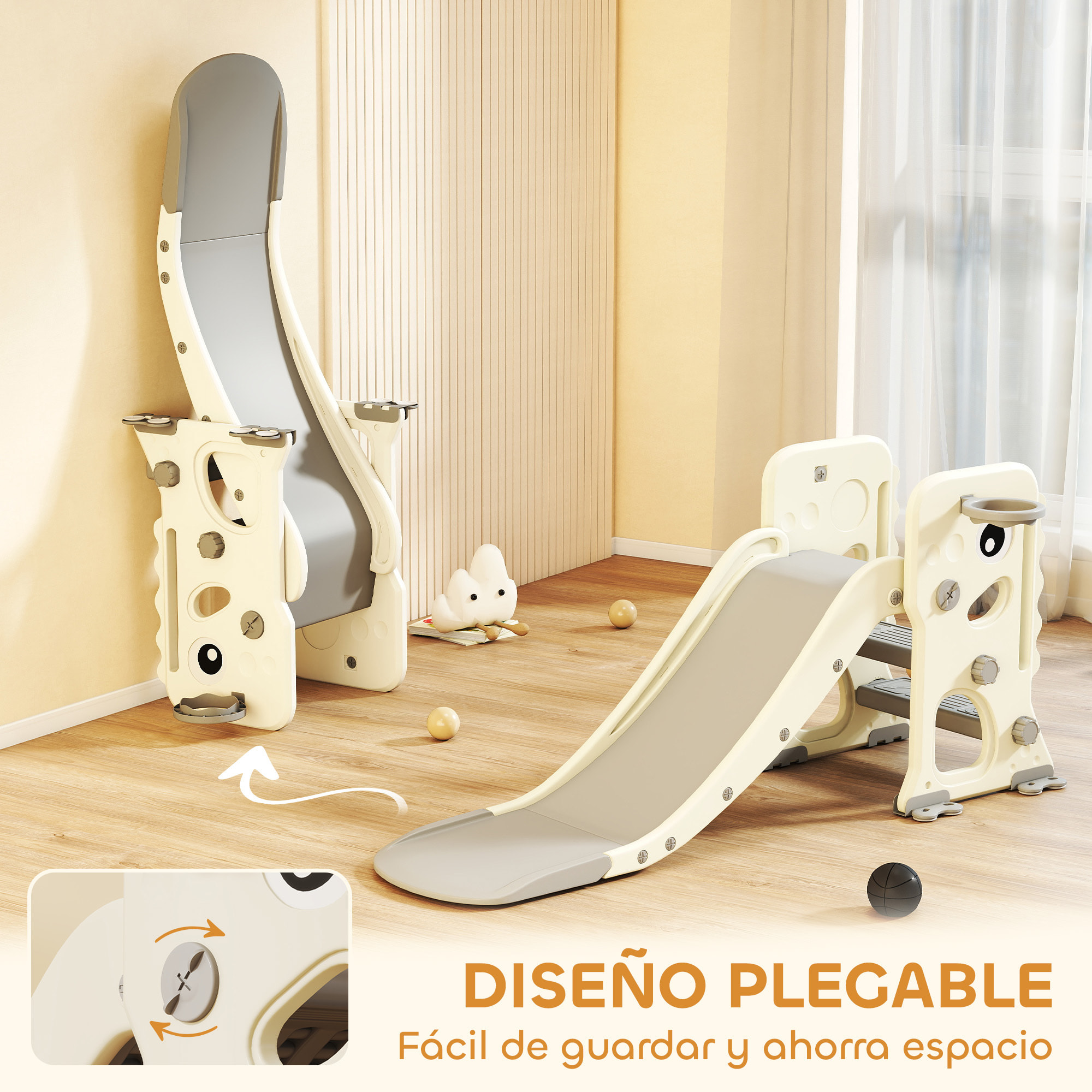 Tobogán Infantil 3 en 1 Tobogán para Niños de 2 a 5 Años Plegable con Escalera Canasta de Baloncesto Diseño de Dinosaurio y Hebillas Reforzadas para Interior 146x52x65 cm Blanco Crema