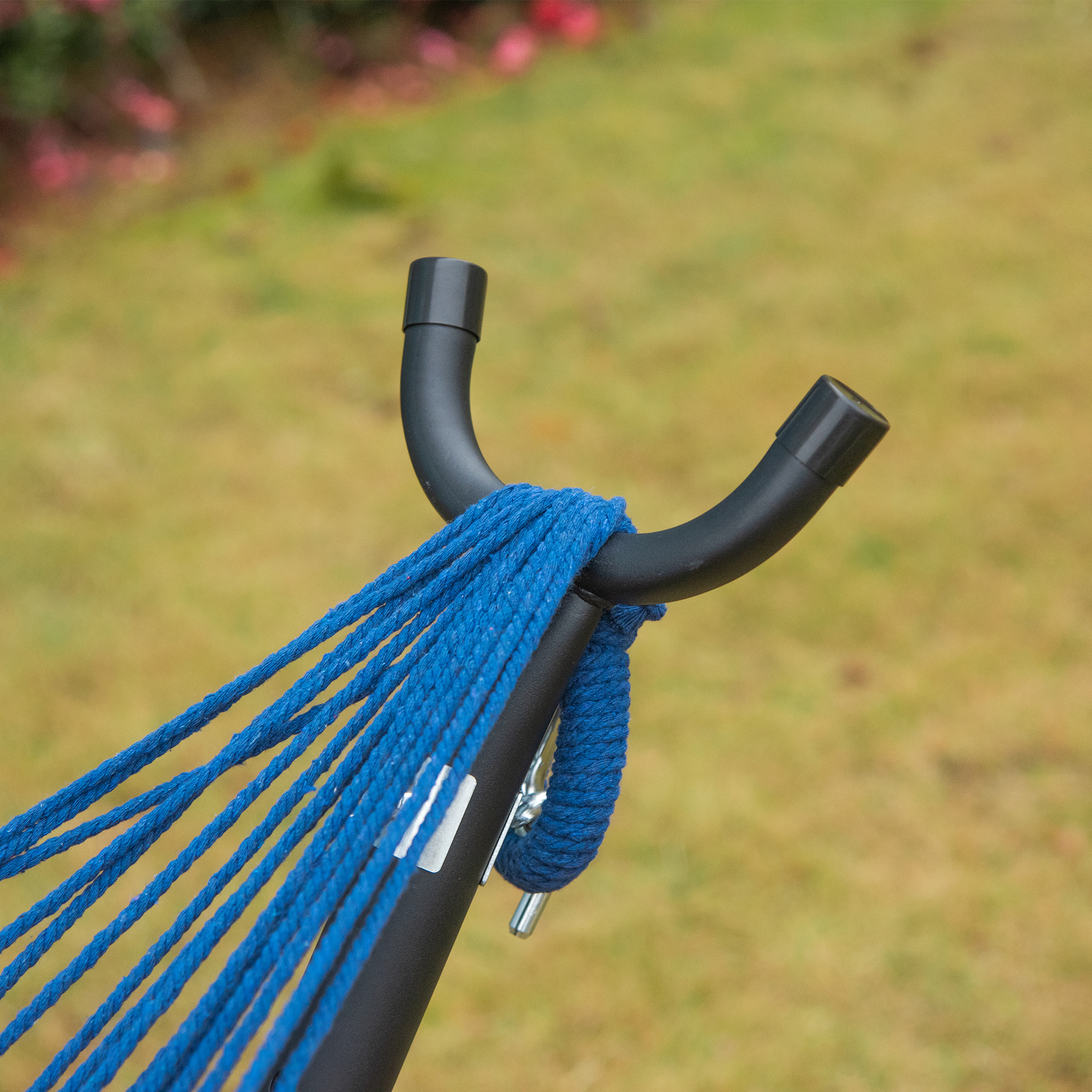 Hamaca con Soporte 310x117 cm Hamaca de Camping con Bolsa de Transporte Portátil Altura Ajustable Carga 120 kg para Patio Terraza Rayas Azul y Blanco