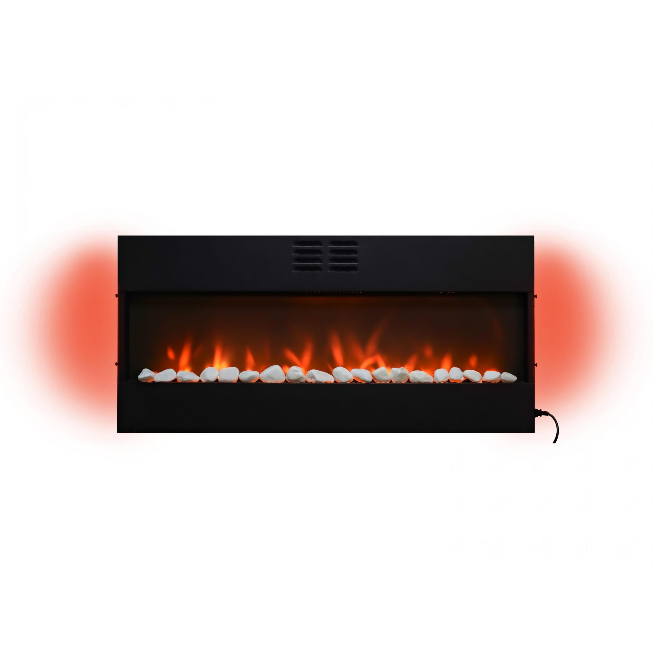 Cheminée électrique panoramique avec éclairage LED d'ambiance et panneau frontal blanc