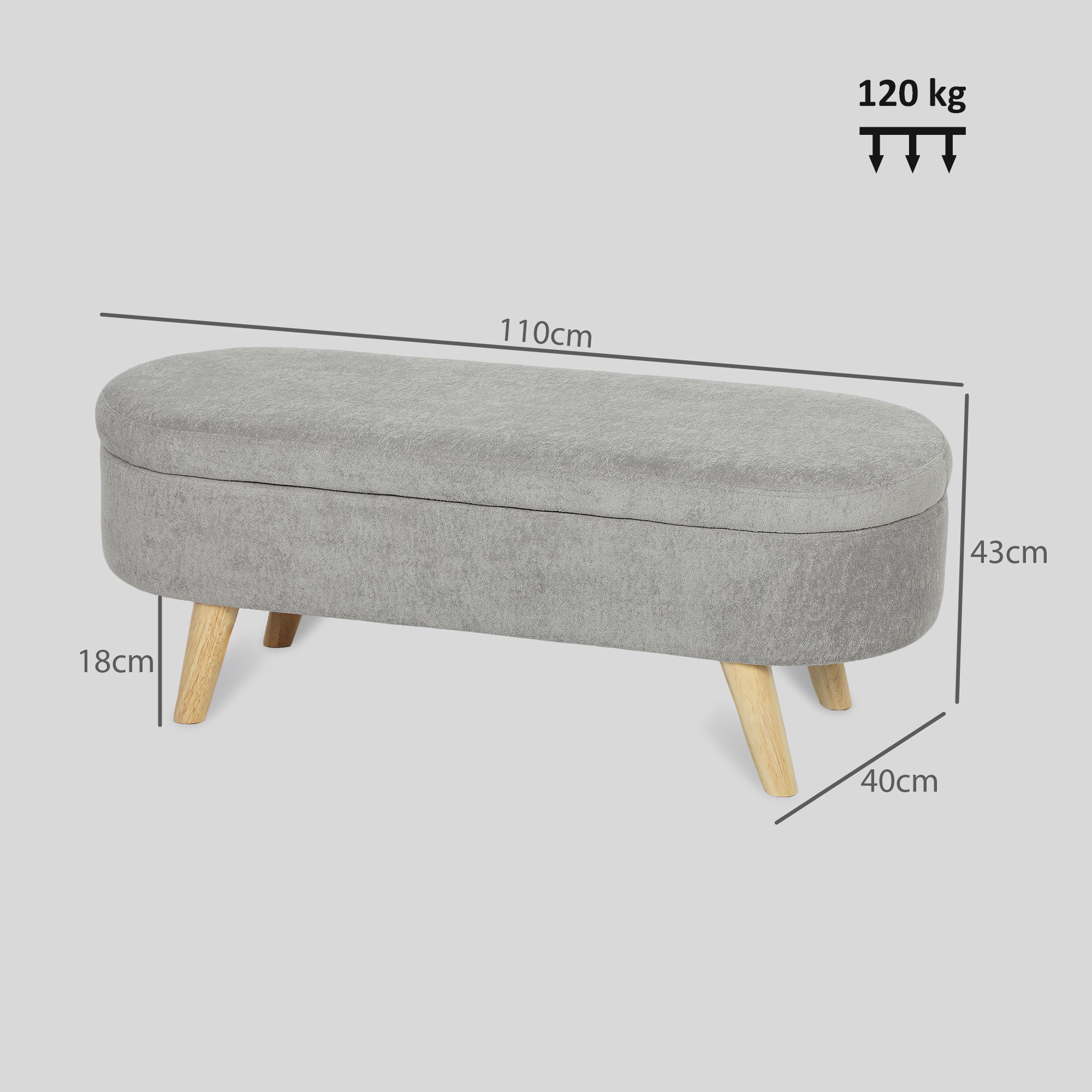 Banco Pie de Cama, Puff Almacenaje Tapizado en Terciopelo de Teddy con Patas de Madera y Asiento Acolchado, Banco de Almacenaje Ovalado para Dormitorio, Entrada, Pasillo, Gris Claro