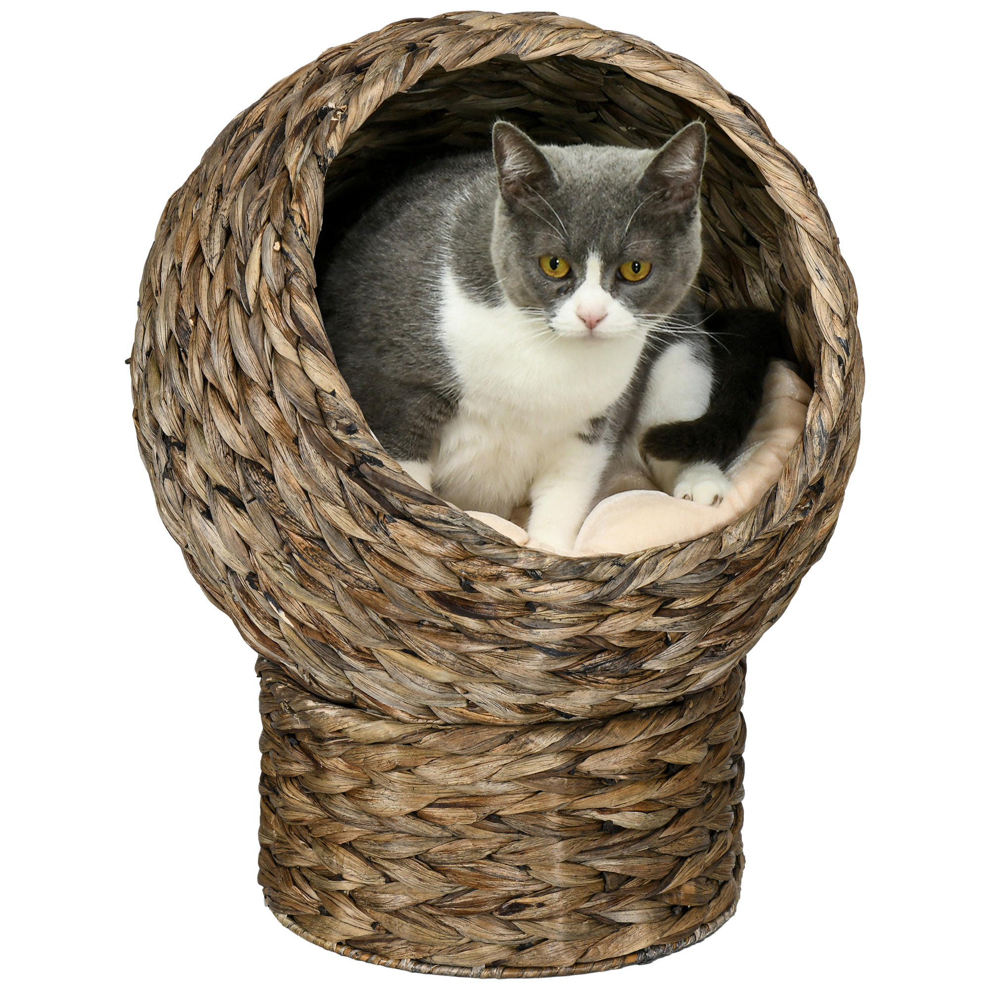 Cama para Gatos de Mimbre Cueva para Gatos Desmontable con Cojín Extraíble 42x33x52 cm Marrón Oscuro y Beige