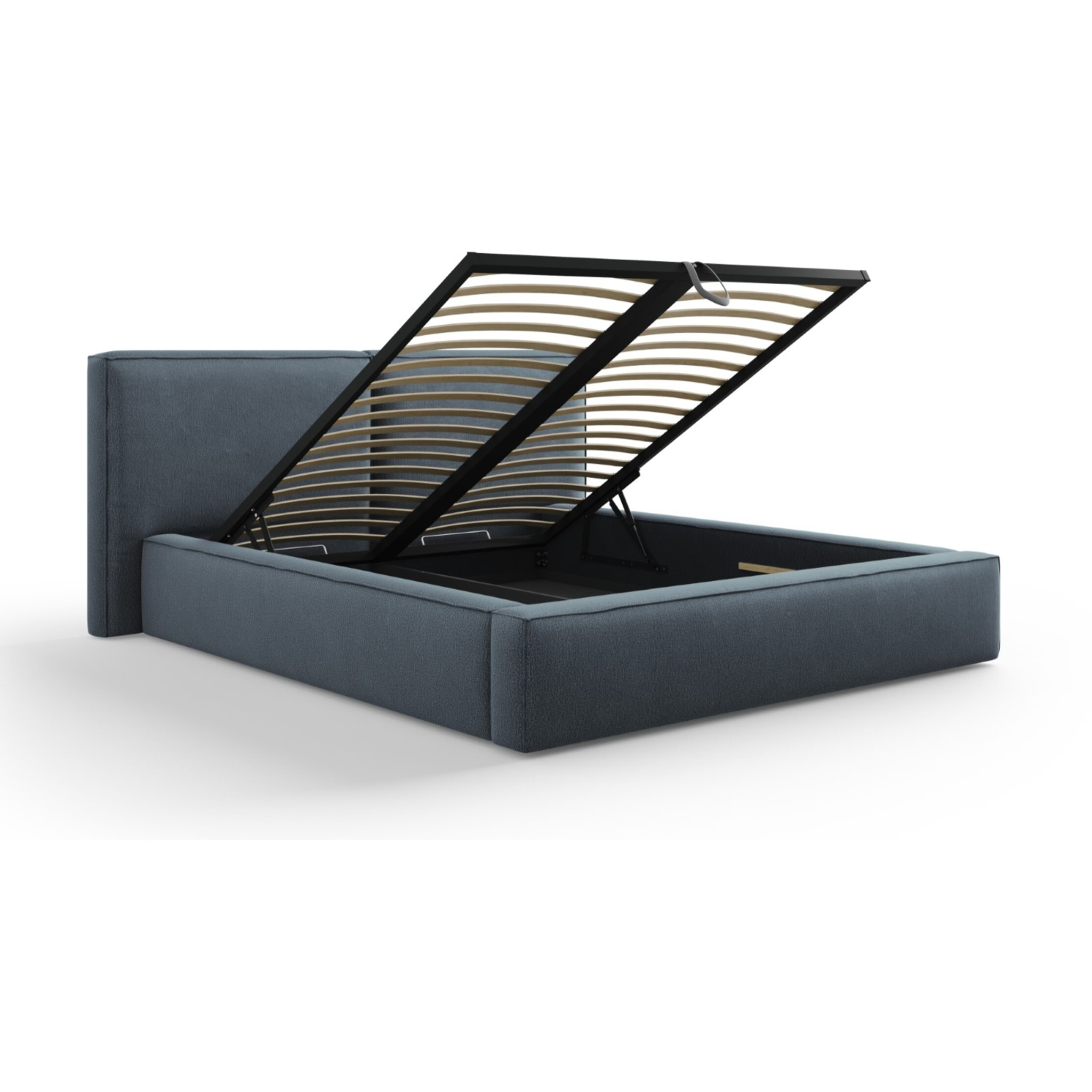 Lit coffre avec tête de lit double "Arendal" 160x200cm en tissu structurel bleu