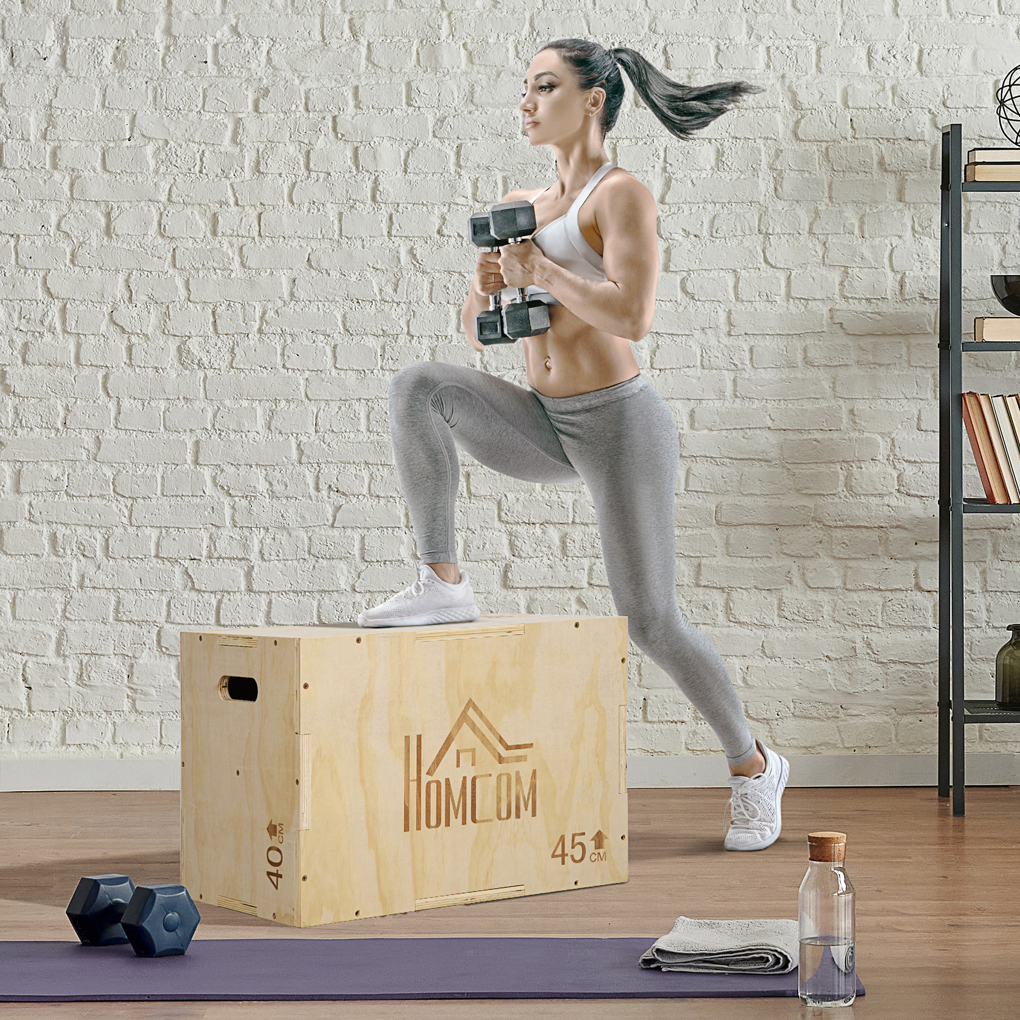 Caja Pliométrica de Madera 3 en 1 Caja de Salto con 2 Mango Hueco Entrenamiento de Fuerza en Casa Oficina Gimnasia CrossFit Carga 120 kg 45x40x60 cm Madera Natural